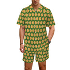 Yellow Flowers On Green Men's Hawaiian Shirt & Shorts Set