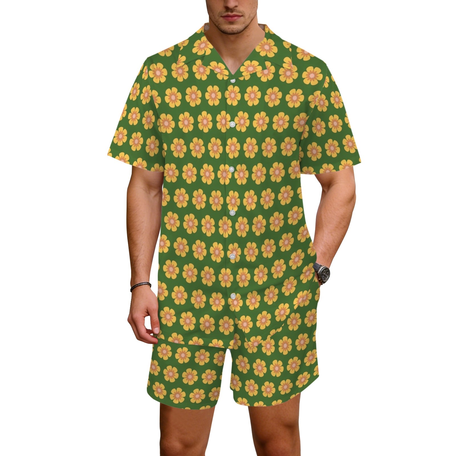 Yellow Flowers On Green Men's Hawaiian Shirt & Shorts Set