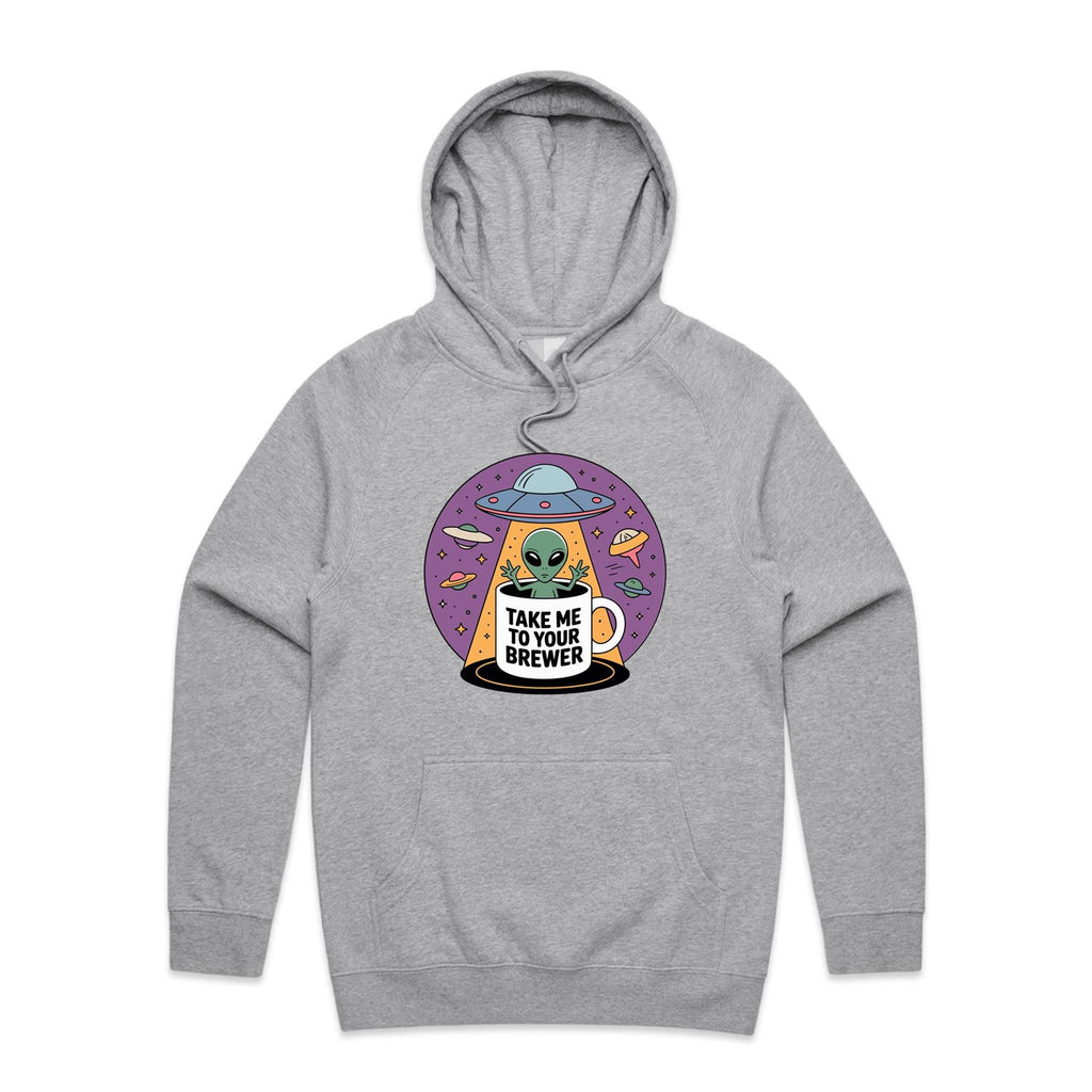 Coffee, Alien, UFO, Take Me To Your Brewer Men's AS Colour Hoodie Grey Marle Mens Hoodie Coffee Printed In Australia Sci Fi