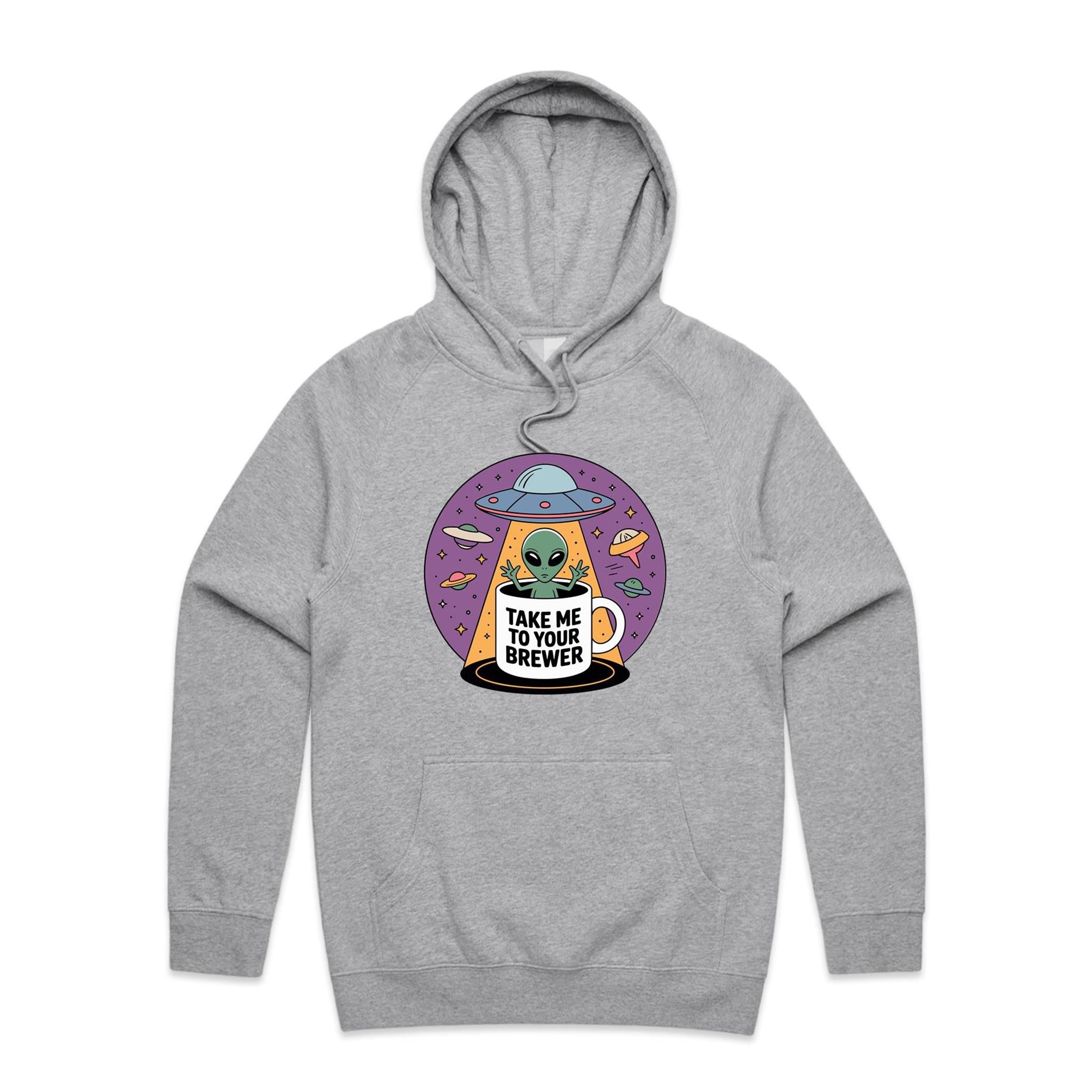 Coffee, Alien, UFO, Take Me To Your Brewer Men's AS Colour Hoodie Grey Marle Mens Hoodie Coffee Printed In Australia Sci Fi