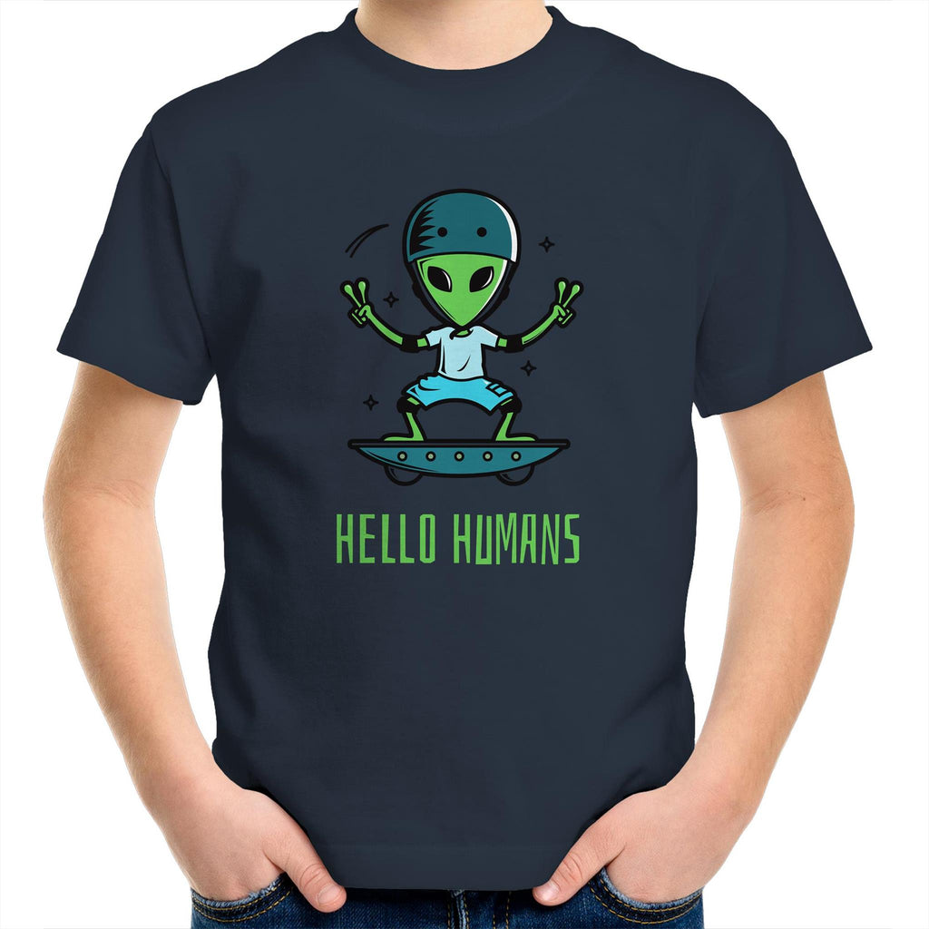 Hello Humans, Alien - Kids Youth T-Shirt Navy Kids Youth T-shirt Printed In Australia Sci Fi