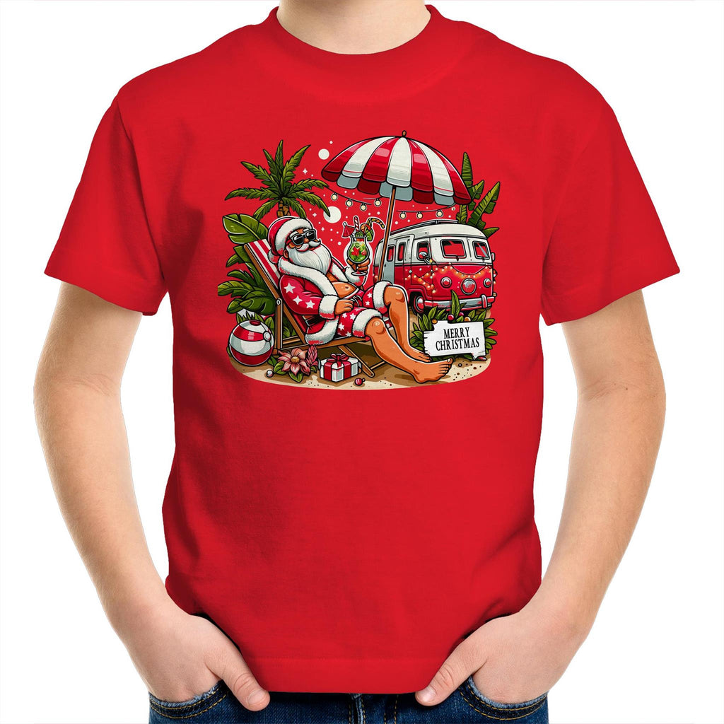 Santa By The Beach- Kids Youth T-shirt Red Kids Christmas T-shirt Christmas Printed In Australia