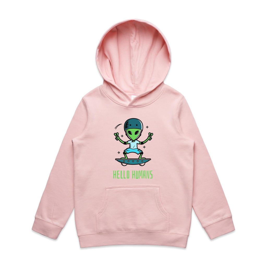 Alien Skate, Hello Humans - Kids Hoodie Pink Kids Hoodie Printed In Australia