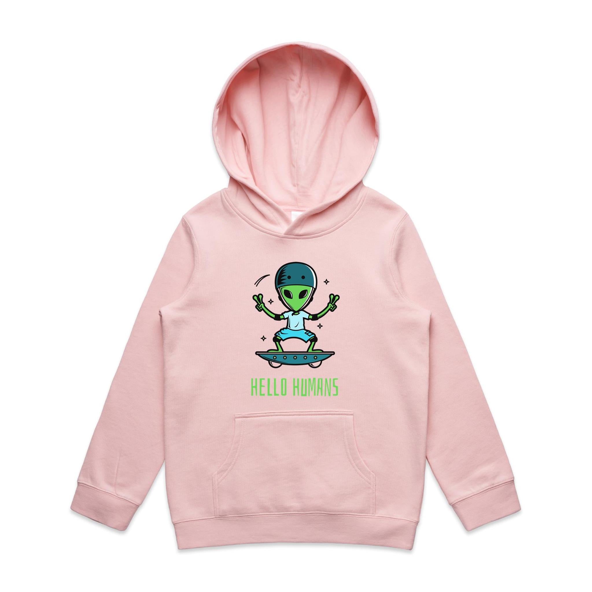 Alien Skate, Hello Humans - Kids Hoodie Pink Kids Hoodie Printed In Australia