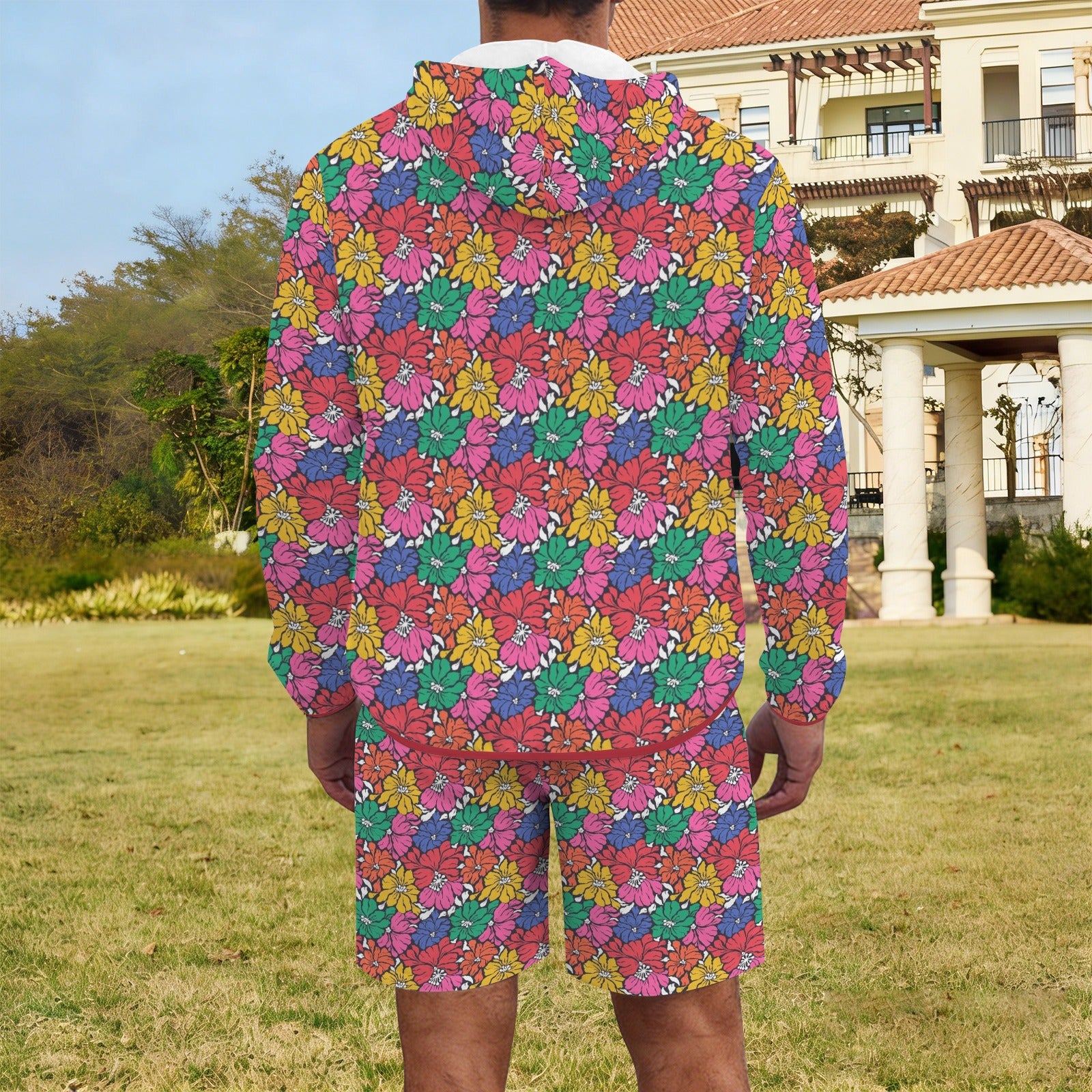 Bright And Bold Flowers Men's Lightweight Sun Hoodie & Shorts Set Men's Lightweight Sun Hoodie & Shorts Plants Printed Offshore