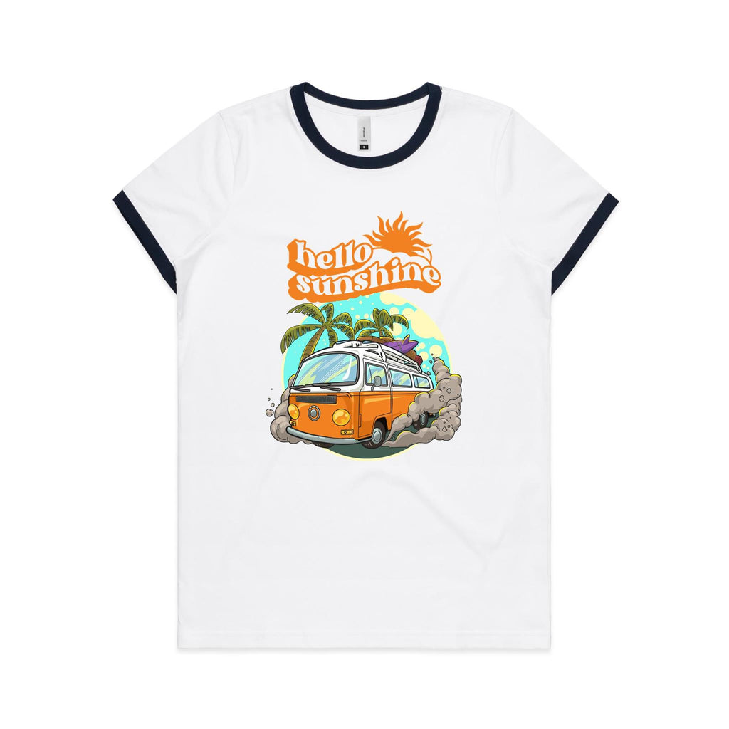 Hello Sunshine, Beach Van - Women's Ringer Tee White Navy Womens Ringer T-shirt Printed In Australia Summer Surf
