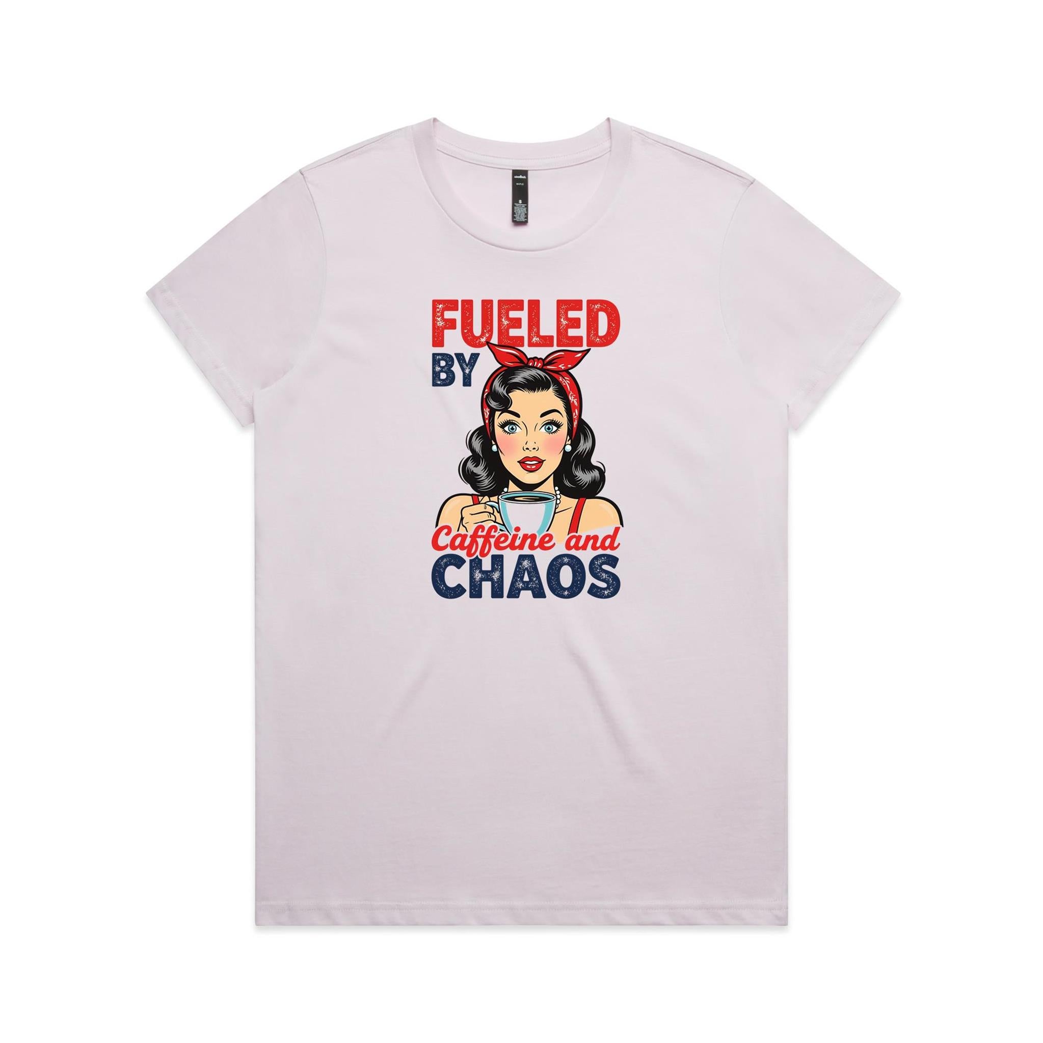 Fueled By Caffeine And Chaos, Retro Woman Women's AS Colour T-shirt Orchid Womens T-shirt Coffee Printed In Australia