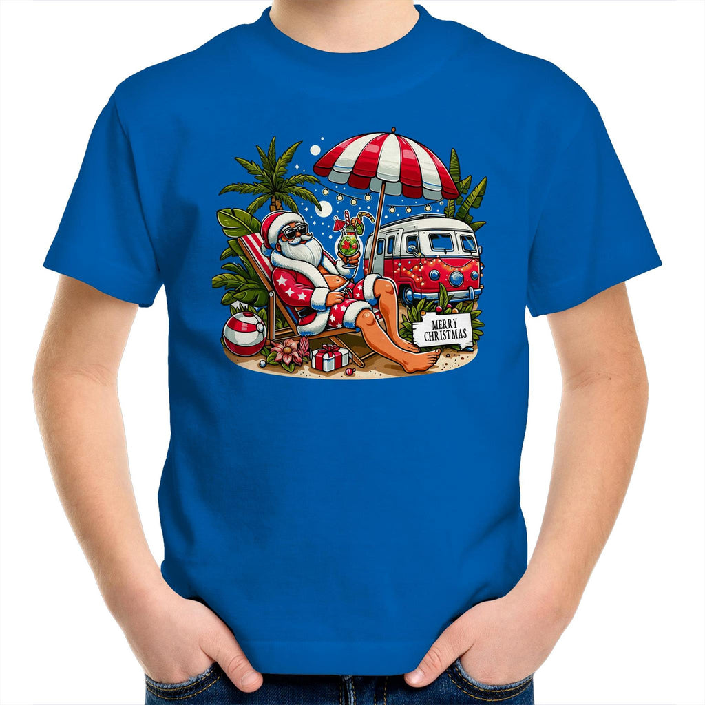Santa By The Beach- Kids Youth T-shirt Bright Royal Kids Christmas T-shirt Christmas Printed In Australia
