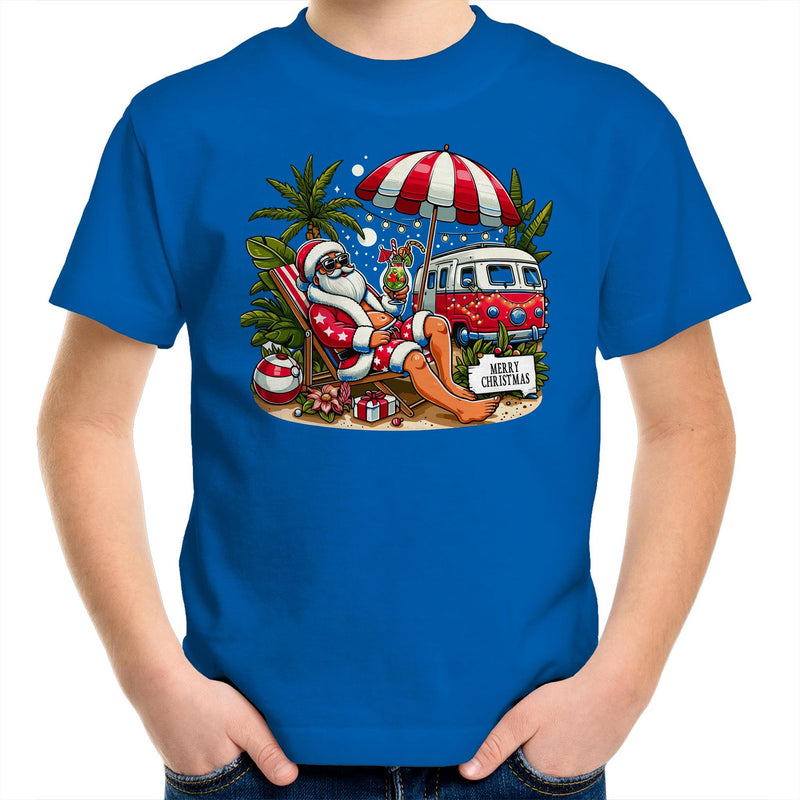 Santa By The Beach- Kids Youth T-shirt Bright Royal Kids Christmas T-shirt Christmas Printed In Australia