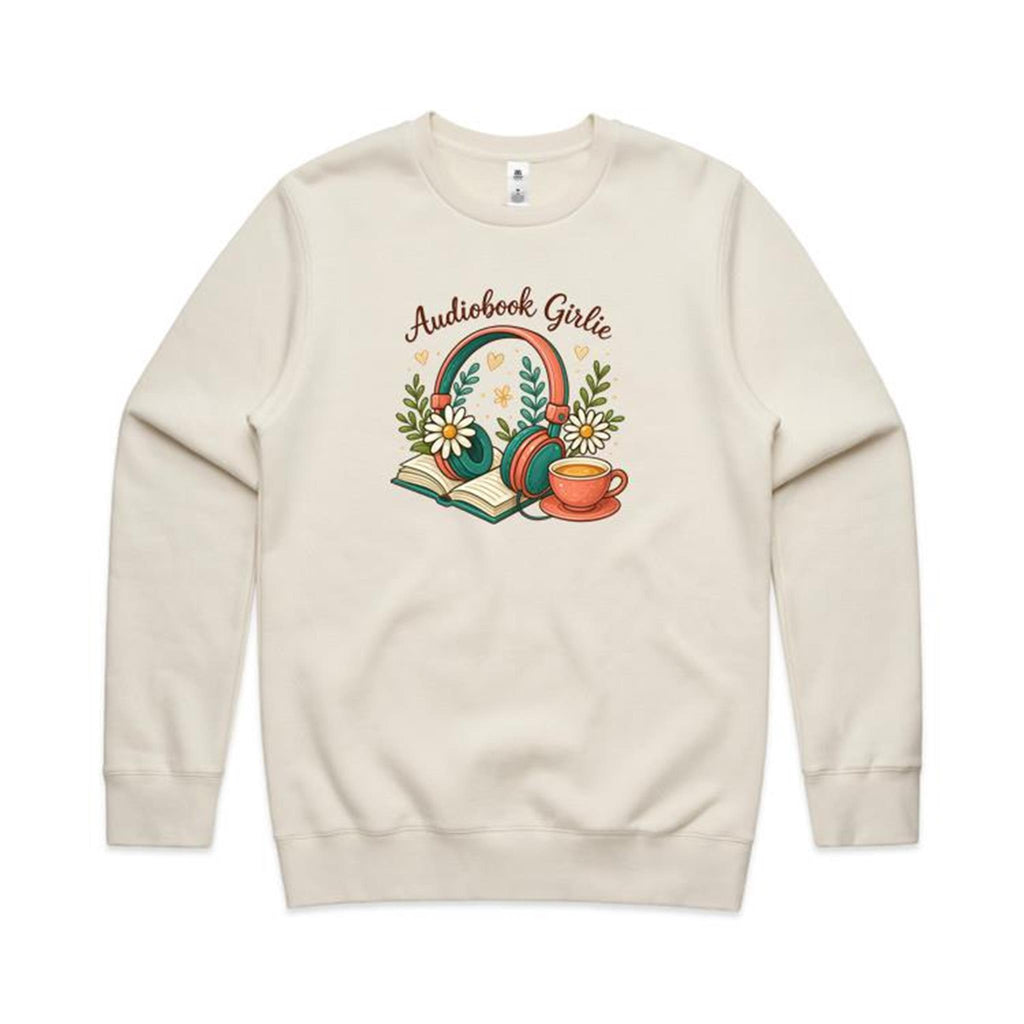 Audiobook Girlie - AS Colour Stencil Crew Ecru Sweatshirt Printed In Australia Reading
