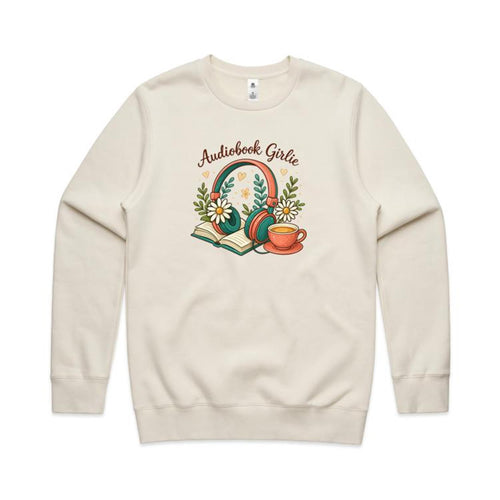 Audiobook Girlie - AS Colour Stencil Crew Ecru Sweatshirt Printed In Australia Reading