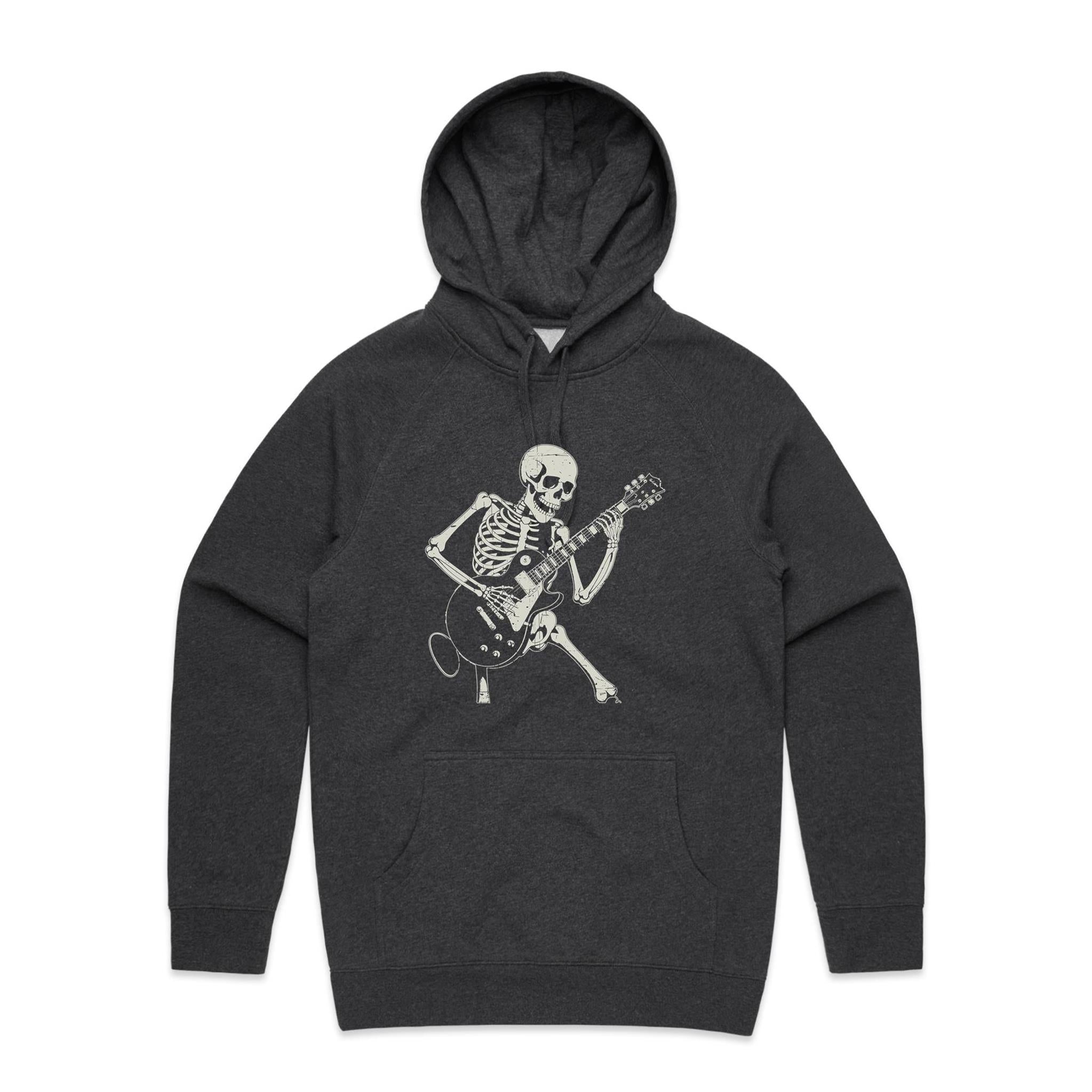 Skeleton Playing Guitar Men's AS Colour Hoodie Asphalt Marle Mens Hoodie Music Printed In Australia