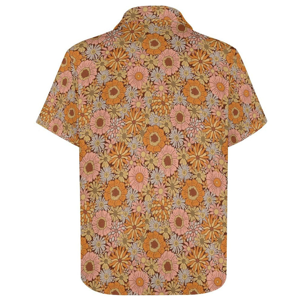 Orange Retro Floral Women's Collared Pocketless Short Sleeve Shirt