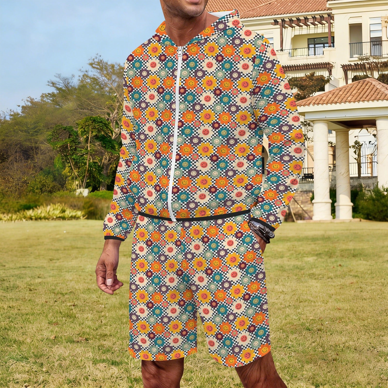Happy Retro Flowers Men's Lightweight Sun Hoodie & Shorts Set Men's Lightweight Sun Hoodie & Shorts Printed Offshore Retro