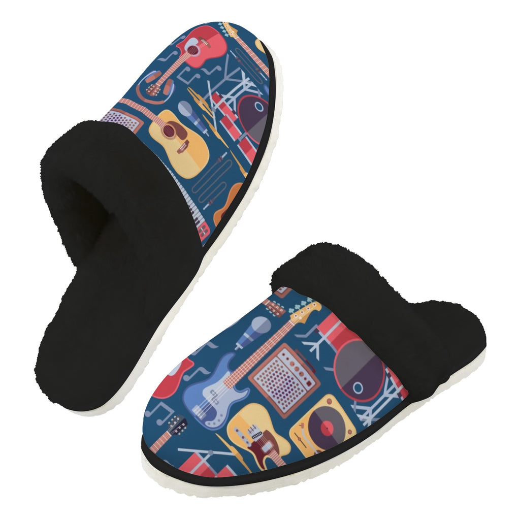 Music Instruments Men's Fur Trim Thick-Sole Indoor Slippers 2XL Men's Fur Trimmed Slippers Music Printed Offshore