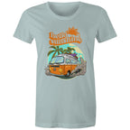 Hello Sunshine, Beach Van - Womens T-shirt Pale Blue Womens T-shirt Printed In Australia Summer Surf