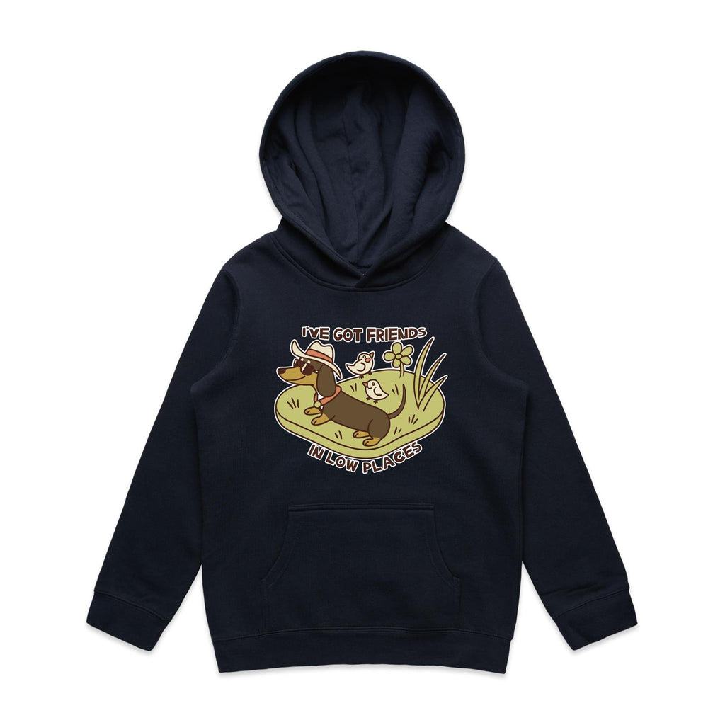 Dachshund, I've Got Friends In Low Places Kids AS Colour Hoodie Navy Kids Hoodie animal Printed In Australia