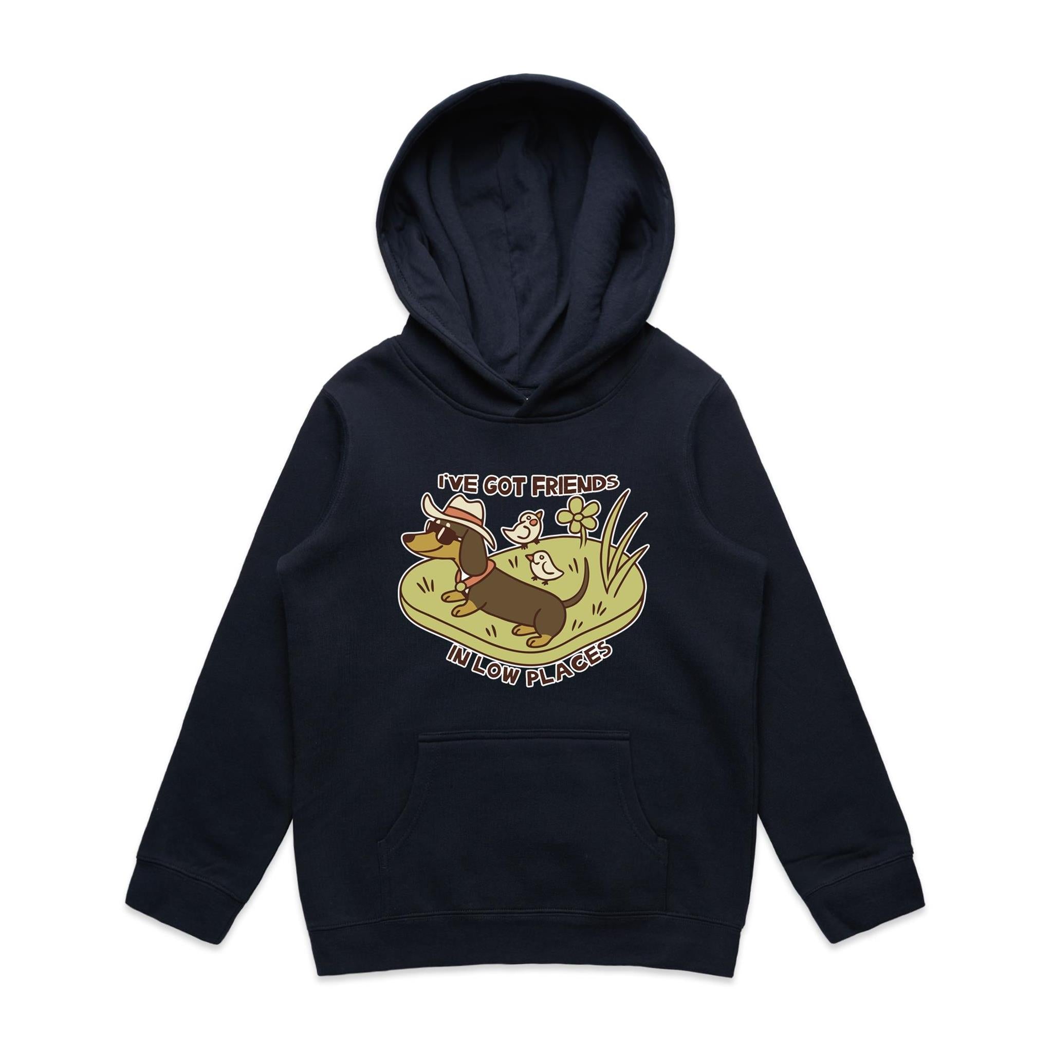 Dachshund, I've Got Friends In Low Places Kids AS Colour Hoodie Navy Kids Hoodie animal Printed In Australia