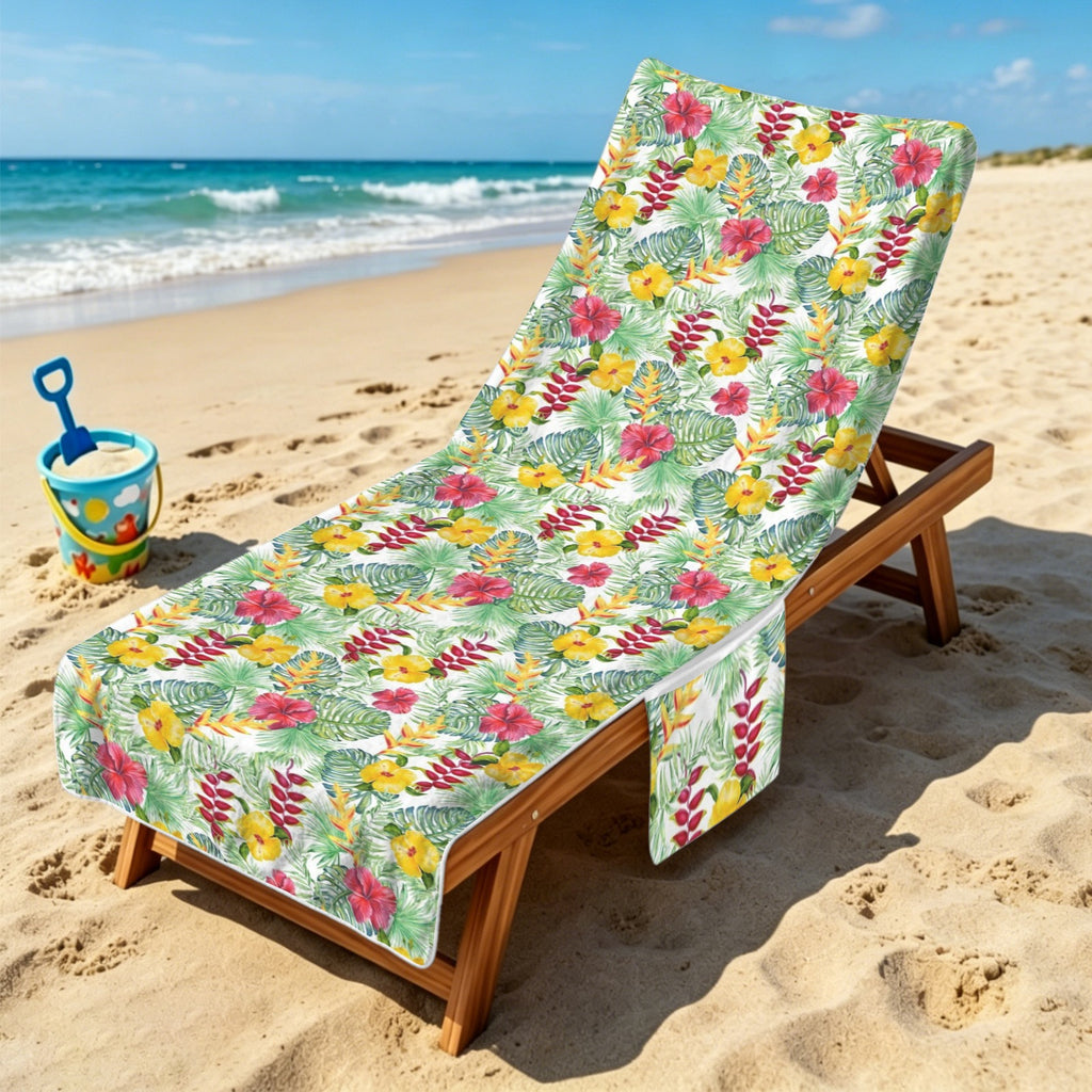 Tropical Flowers On White Beach Chair Towel Cover with Side Pockets