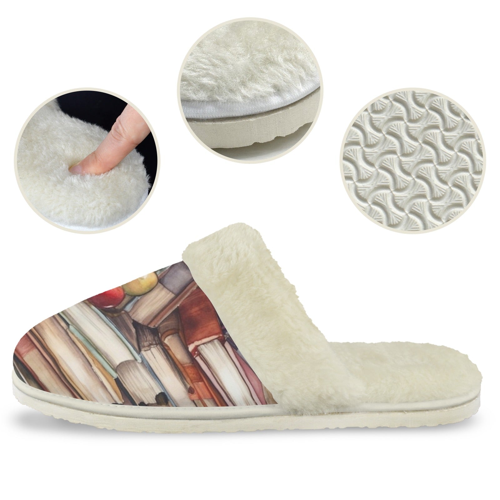 Watercolour Books Women's Fur Trim Thick-Sole Indoor Slippers Women's Fur Trimmed Slippers Printed Offshore Reading