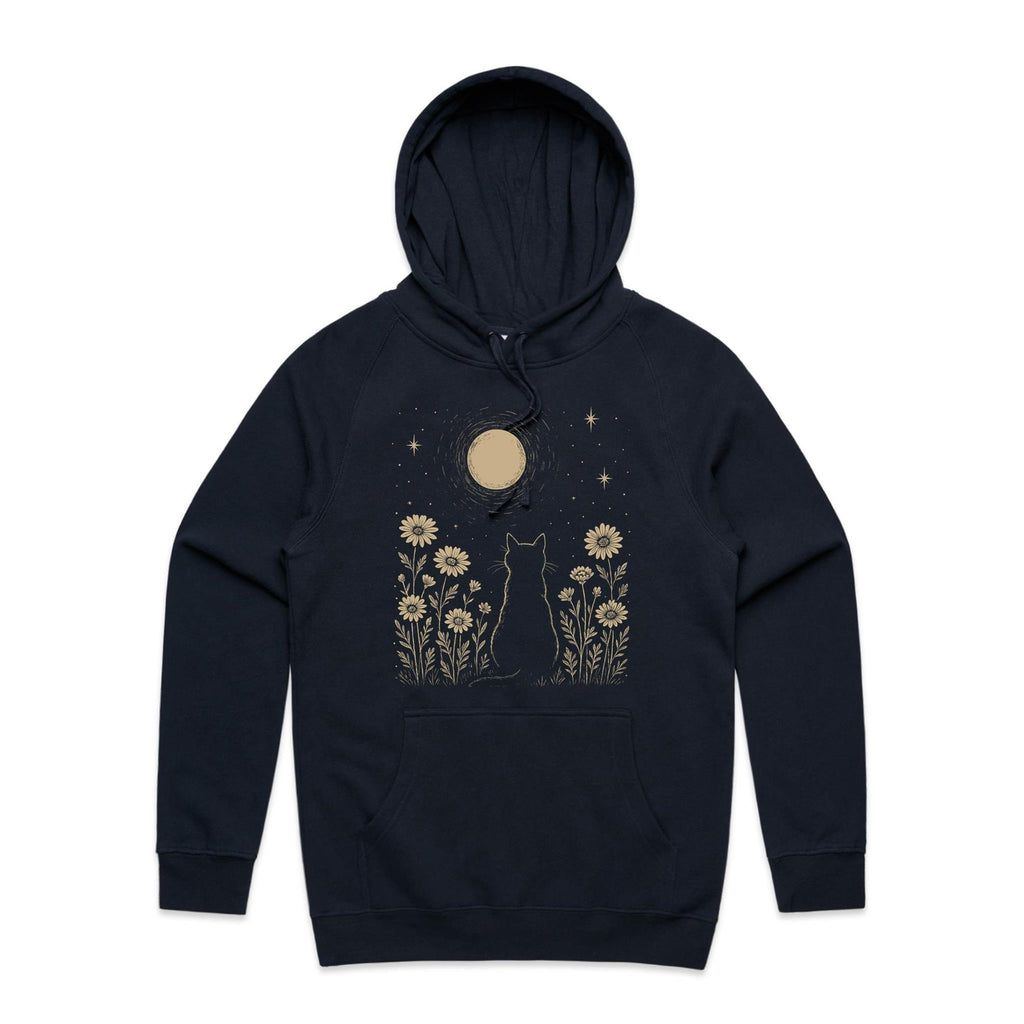Whimsical Cat And Moon Men's AS Colour Hoodie Navy Mens Hoodie animal Printed In Australia
