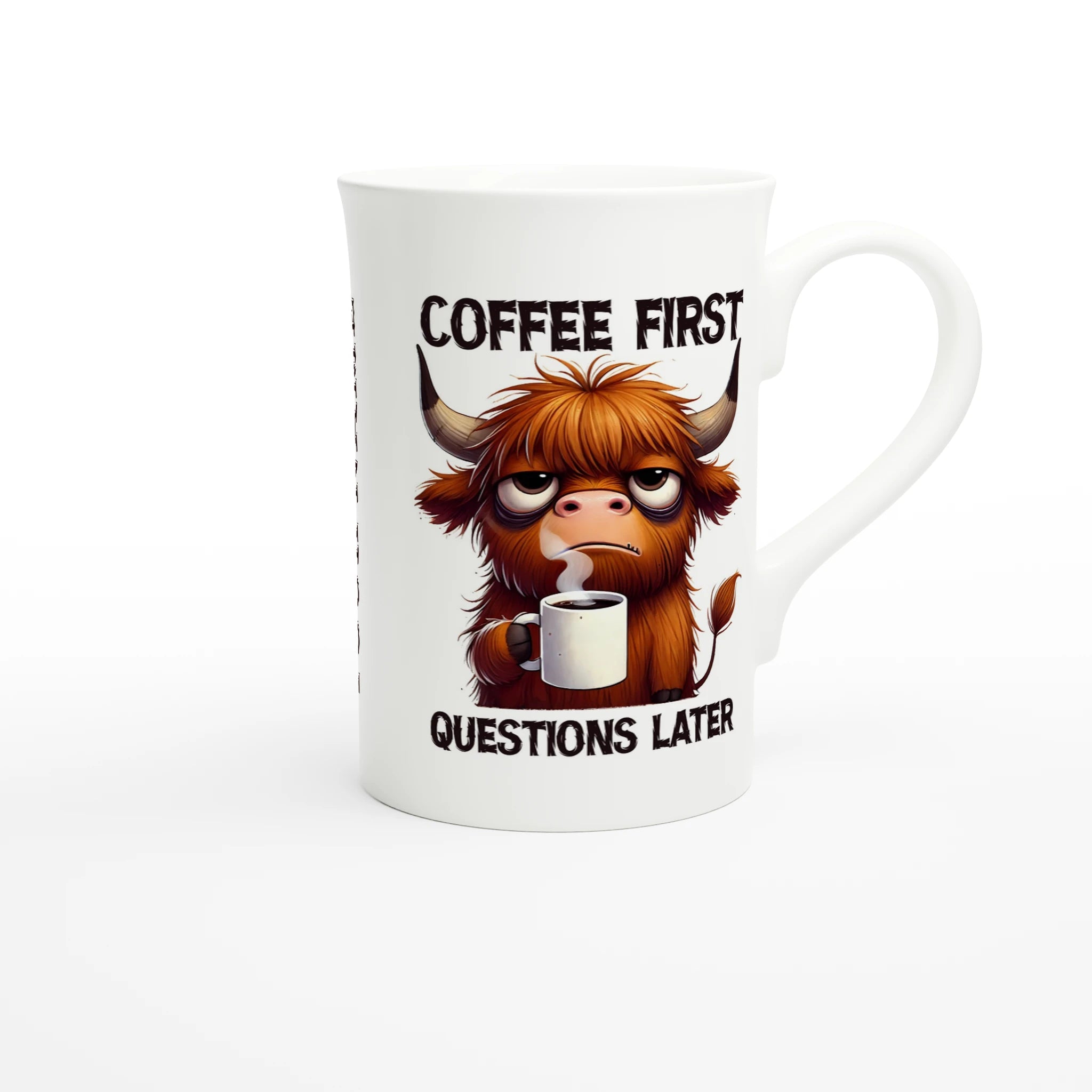 Personalise - Coffee First, Questions Later, Highland Cow - White 10oz Porcelain Slim Mug Personalised Porcelain Mug animal Coffee Globally Fulfilled