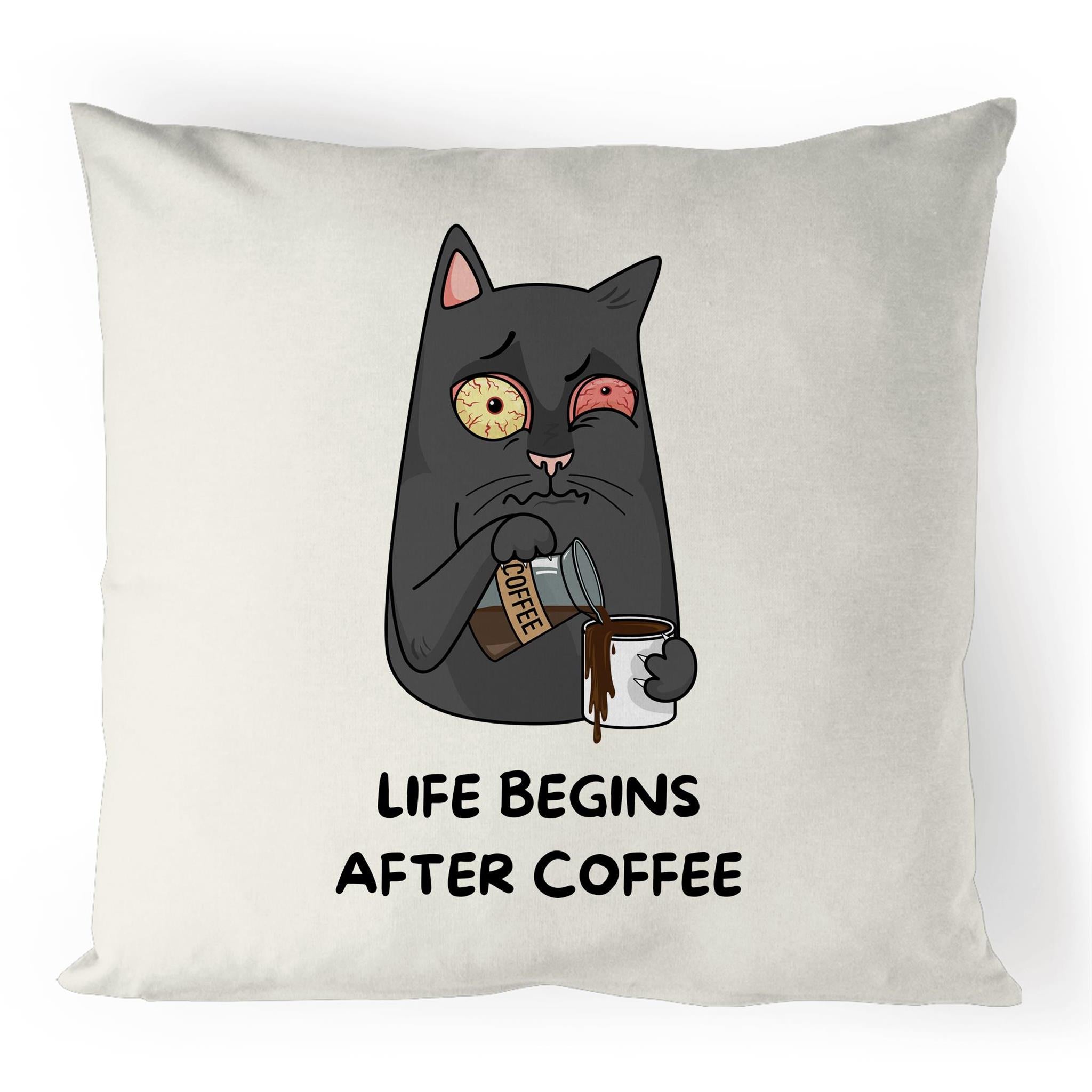 Life Begins After Coffee, Cat - 100% Linen Cushion Cover Default Title Linen Cushion Covers animal Coffee Printed In Australia