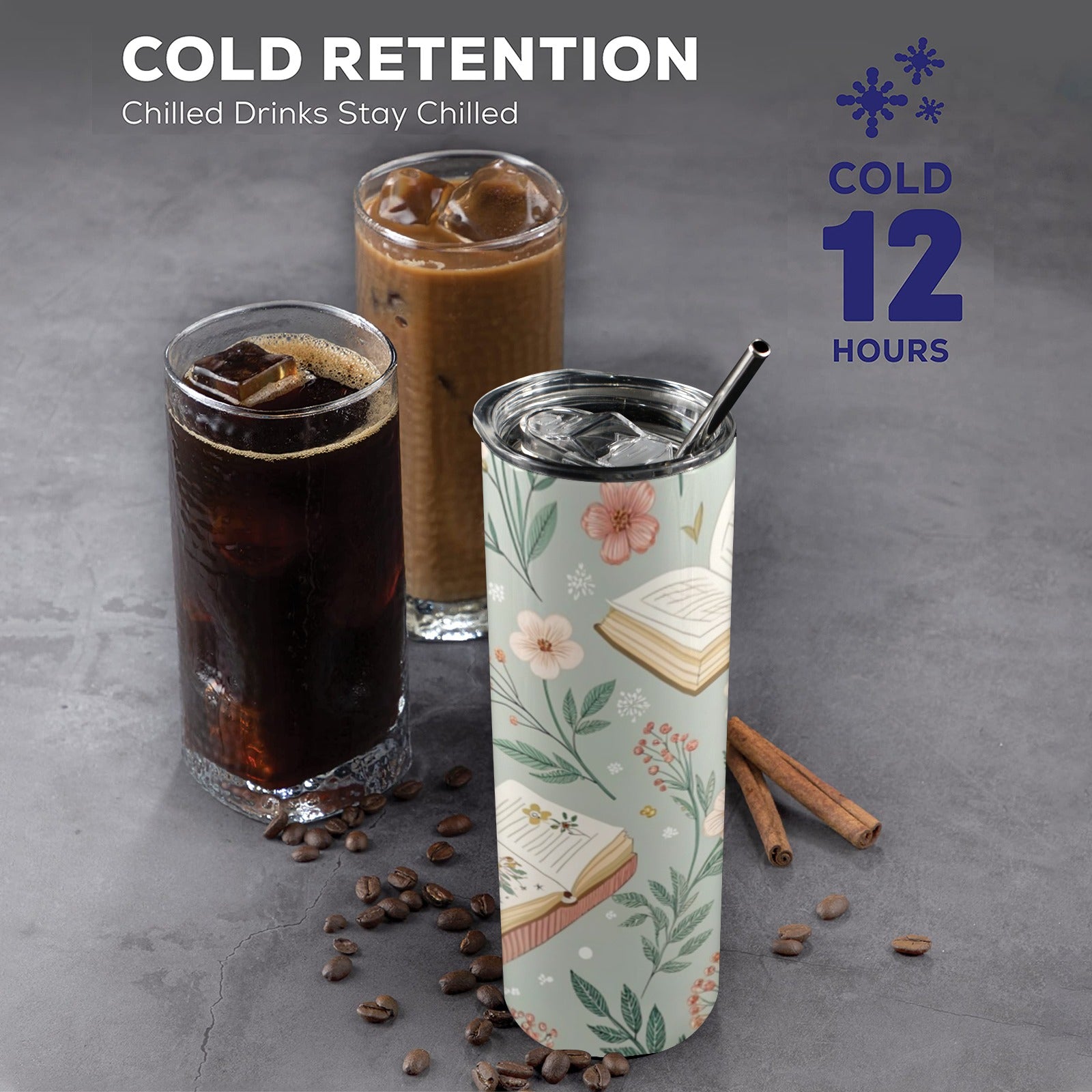 Books And Flowers In Green - 20oz Tall Skinny Tumbler with Lid and Straw