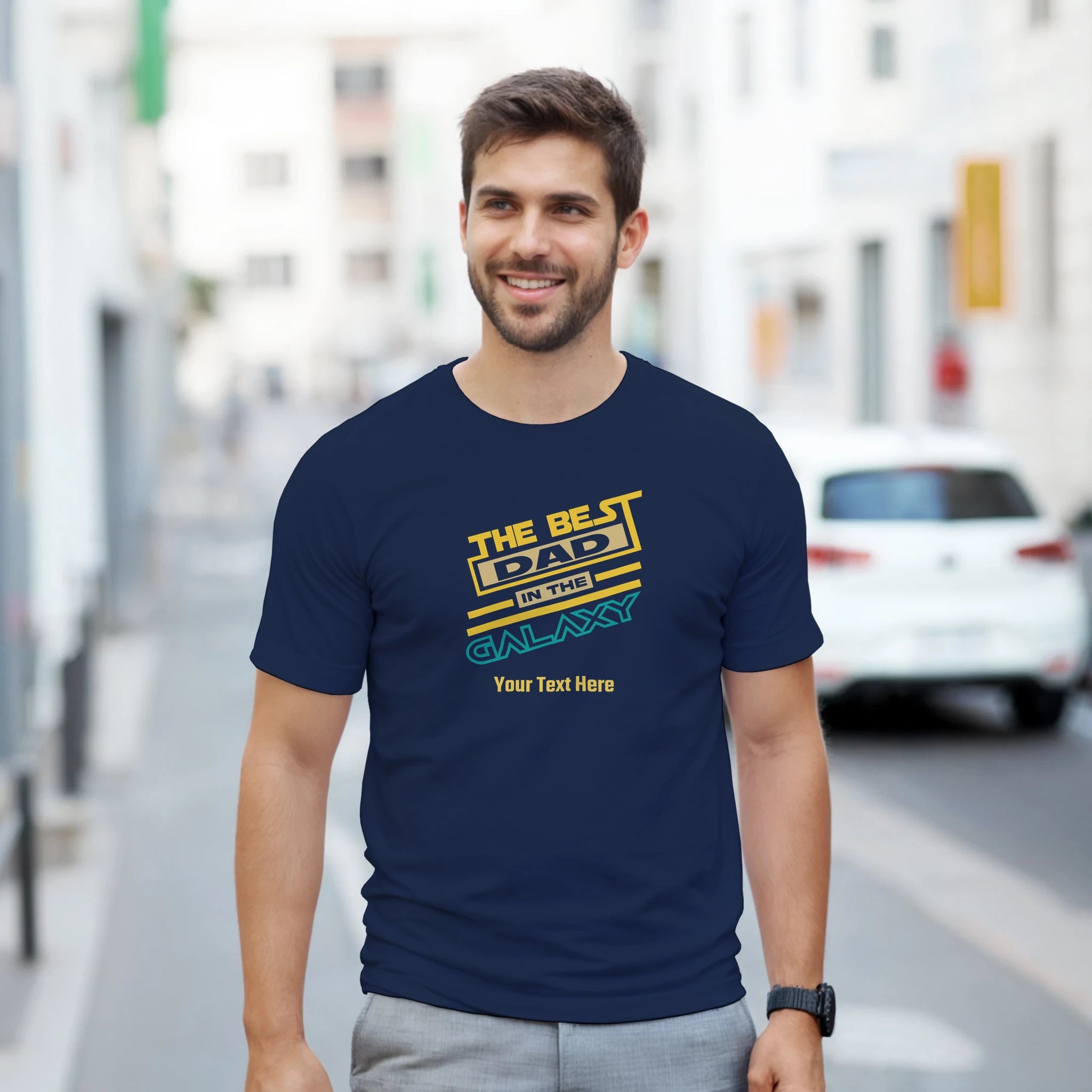Personalised - The Best Dad In The Galaxy - Heavyweight Unisex Crewneck T-shirt | Gildan® 5000 Navy Personalised T-shirt (Up to 5XL) customise Dad Globally Fulfilled personalise Sci Fi Space
