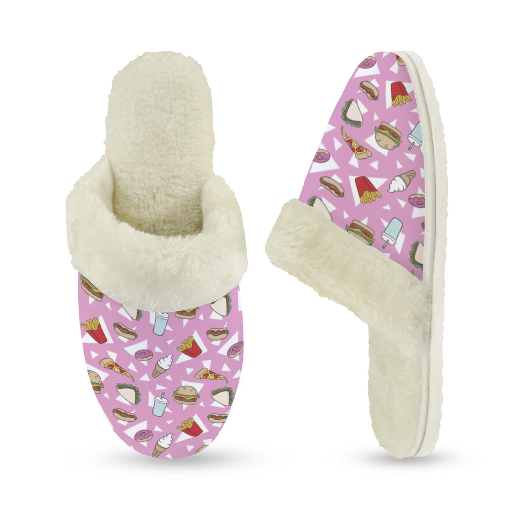 Fast Food Women's Fur Trim Thick-Sole Indoor Slippers Women's Fur Trimmed Slippers Food Printed Offshore