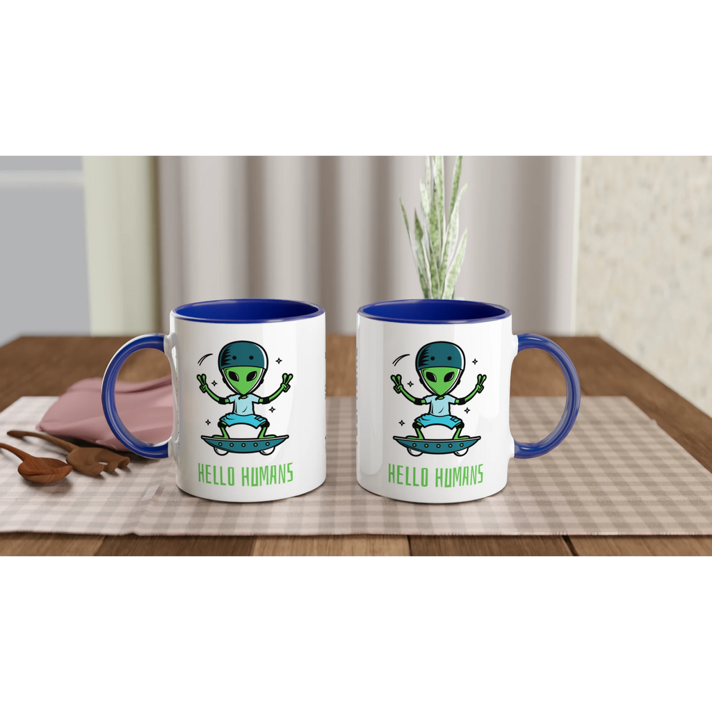 Personalised - Hello Humans - White 11oz Ceramic Mug with Colour Inside Personalised 11oz Mug customise Globally Fulfilled personalise Sci Fi