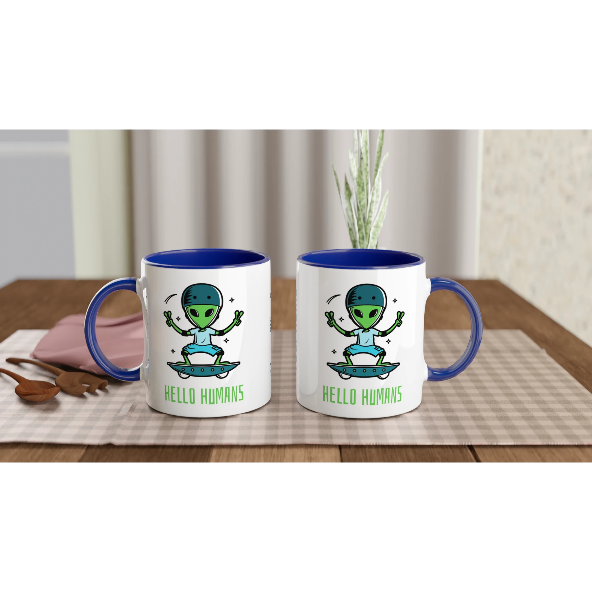 Personalised - Hello Humans - White 11oz Ceramic Mug with Colour Inside Personalised 11oz Mug customise Globally Fulfilled personalise Sci Fi