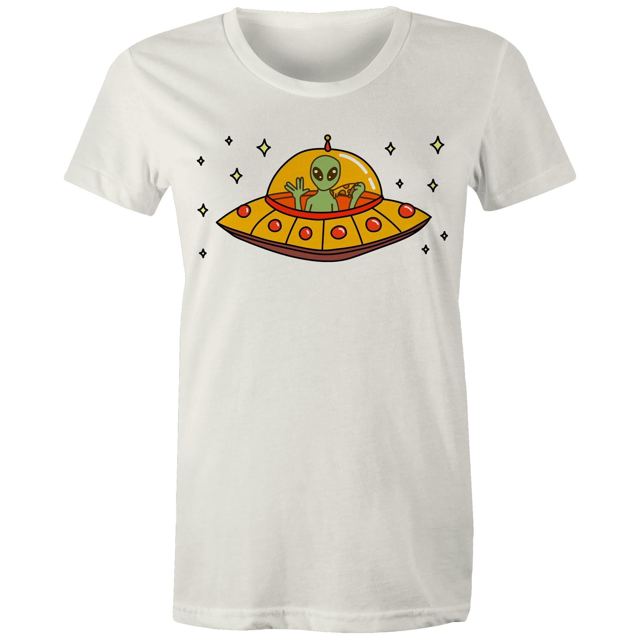 Alien Pizza - Womens T-shirt Natural Womens T-shirt Food Printed In Australia Sci Fi