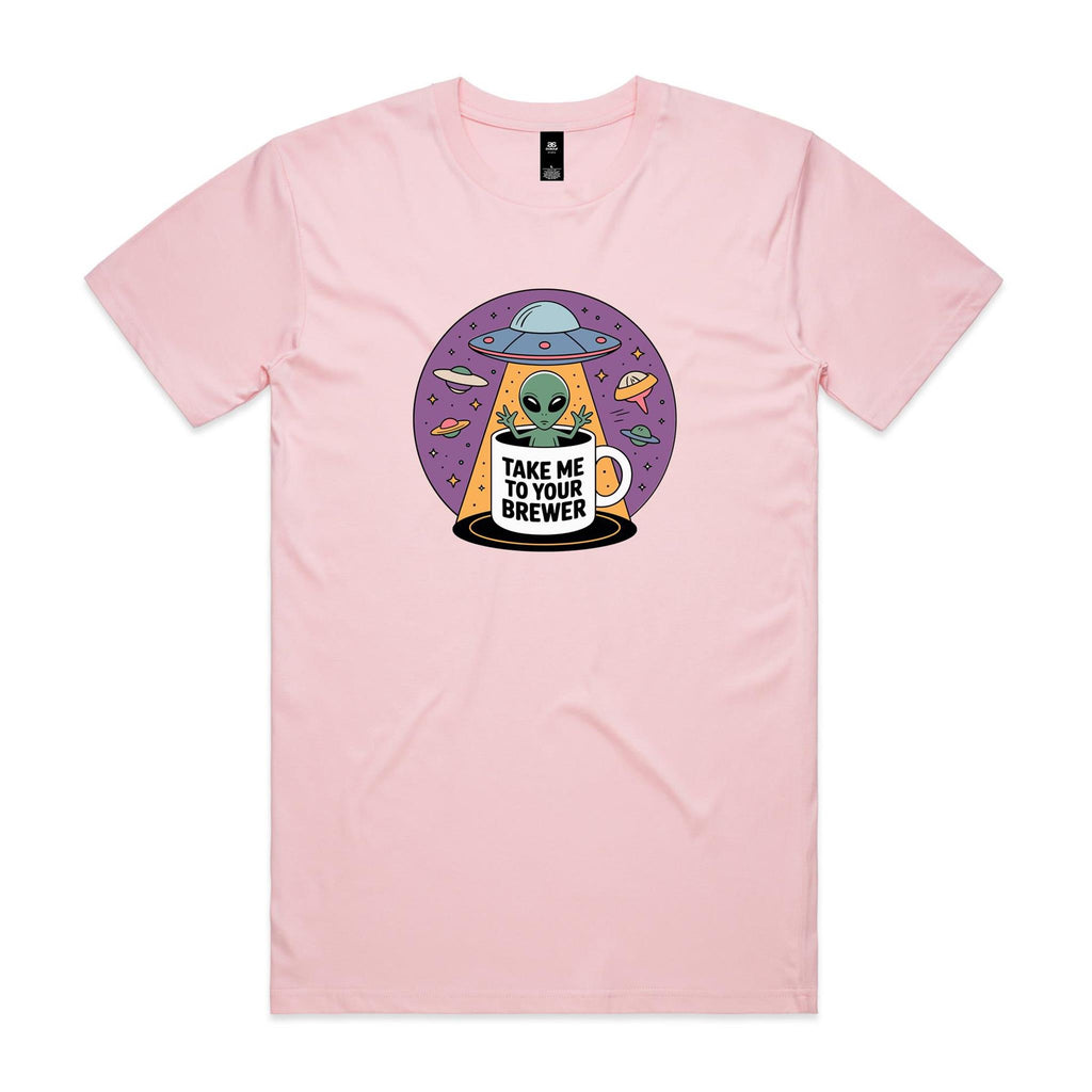 Coffee, Alien, UFO, Take Me To Your Brewer Men's AS Colour T-shirt Pink Mens T-shirt Coffee Printed In Australia Sci Fi