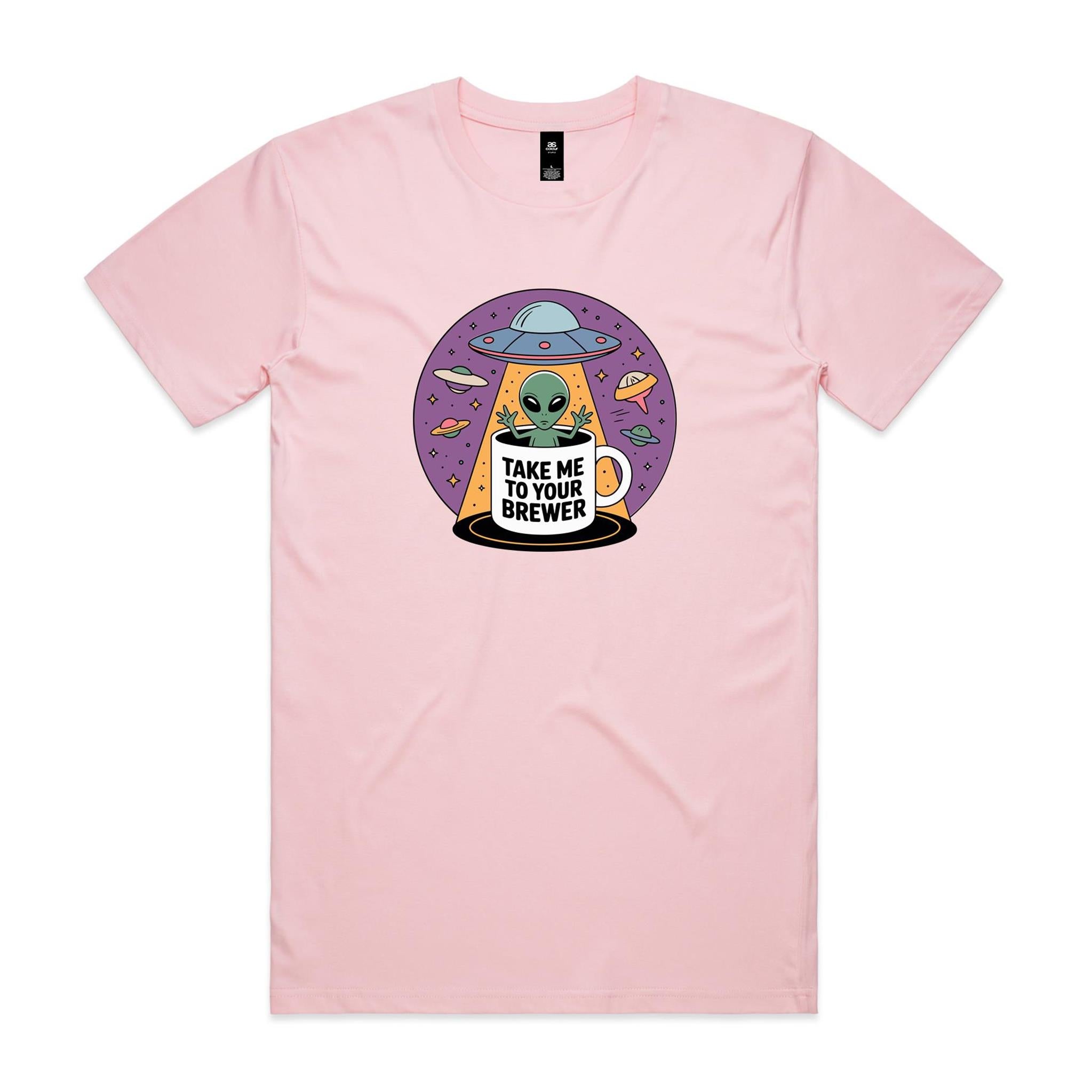 Coffee, Alien, UFO, Take Me To Your Brewer Men's AS Colour T-shirt Pink Mens T-shirt Coffee Printed In Australia Sci Fi