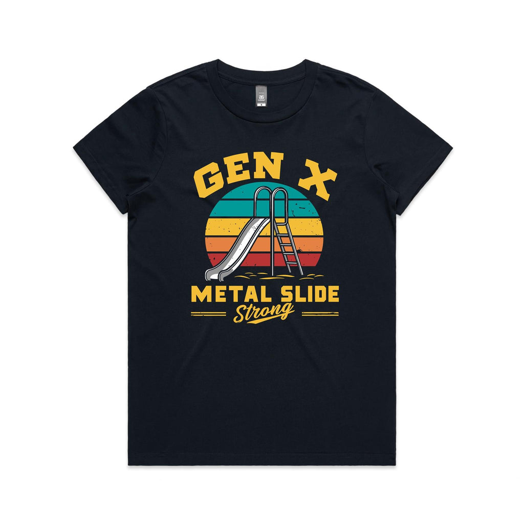 Gen X, Metal Slide Strong Women's AS Colour T-shirt Navy Womens T-shirt Printed In Australia