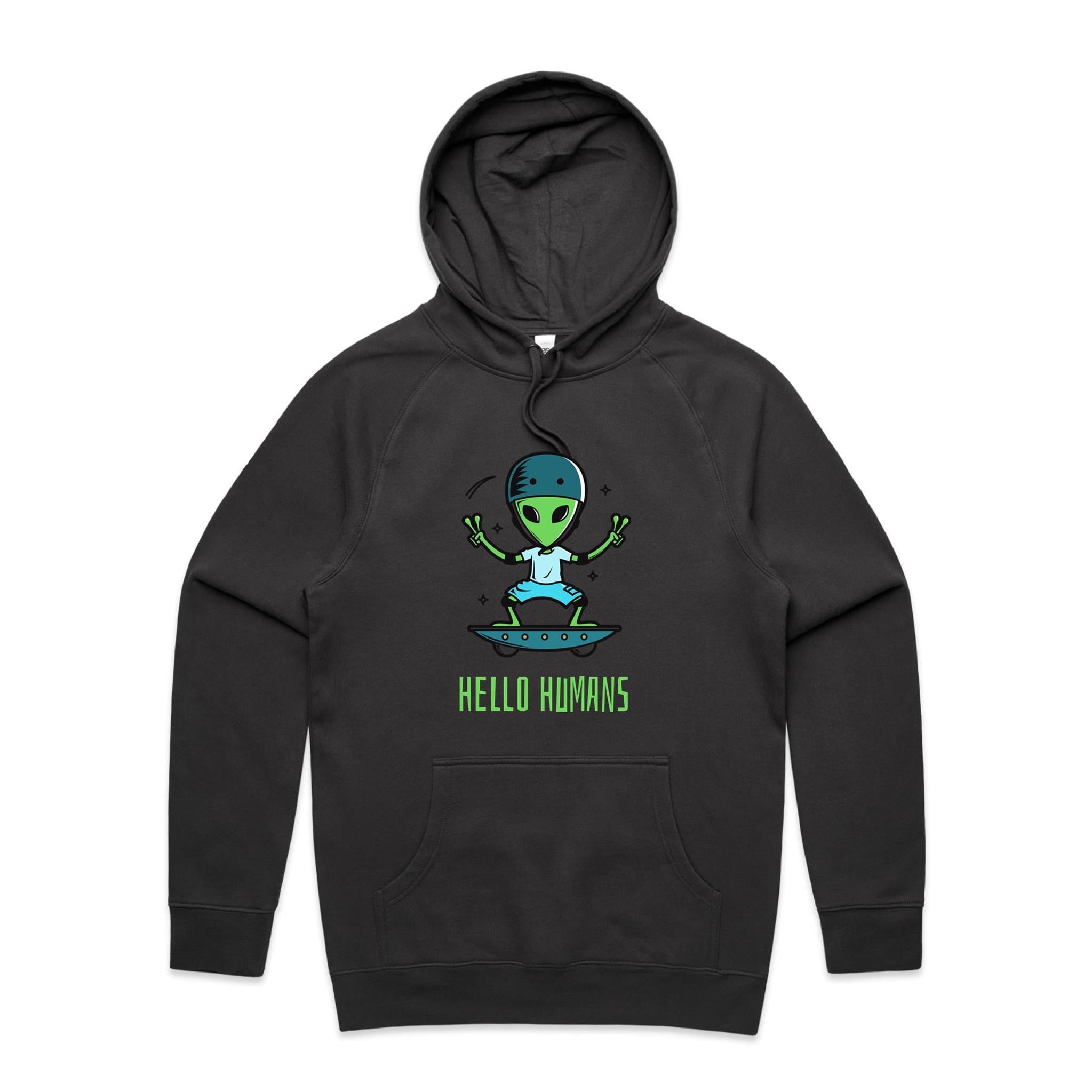 Hello Humans, Alien Skate - Mens Hoodie Coal Mens Hoodie Printed In Australia Sci Fi