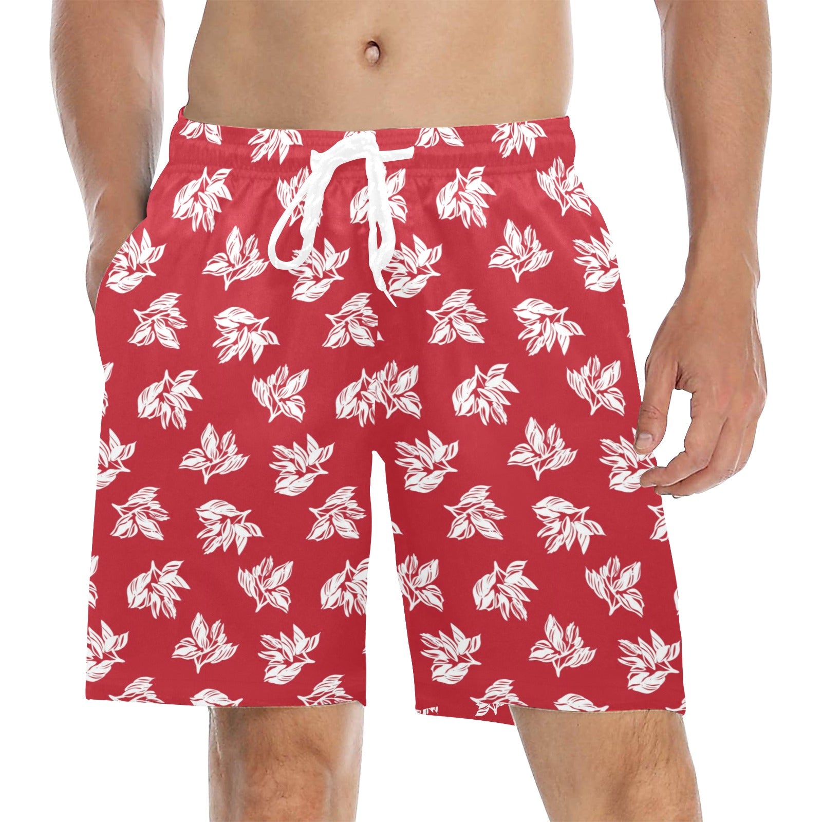 Red Retro Foliage - Men's Mid-Length Beach Shorts 5XL Men's Mid-Length Beach Shorts Plants Printed Offshore