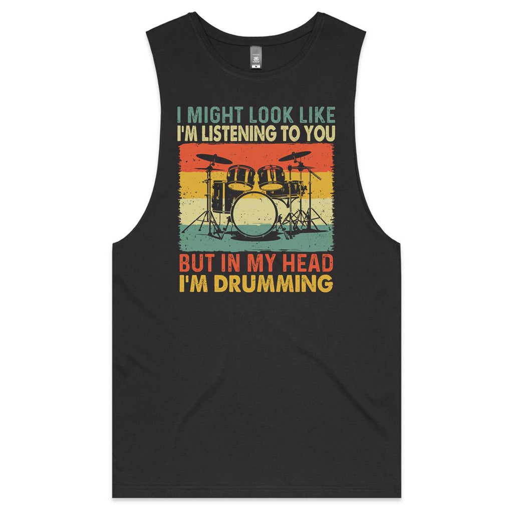 In My Head I'm Drumming Mens Men's AS Colour Drop Arm Tank Top Coal Drop Arm Tank Top Music Printed In Australia
