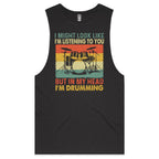 In My Head I'm Drumming Mens Men's AS Colour Drop Arm Tank Top Coal Drop Arm Tank Top Music Printed In Australia
