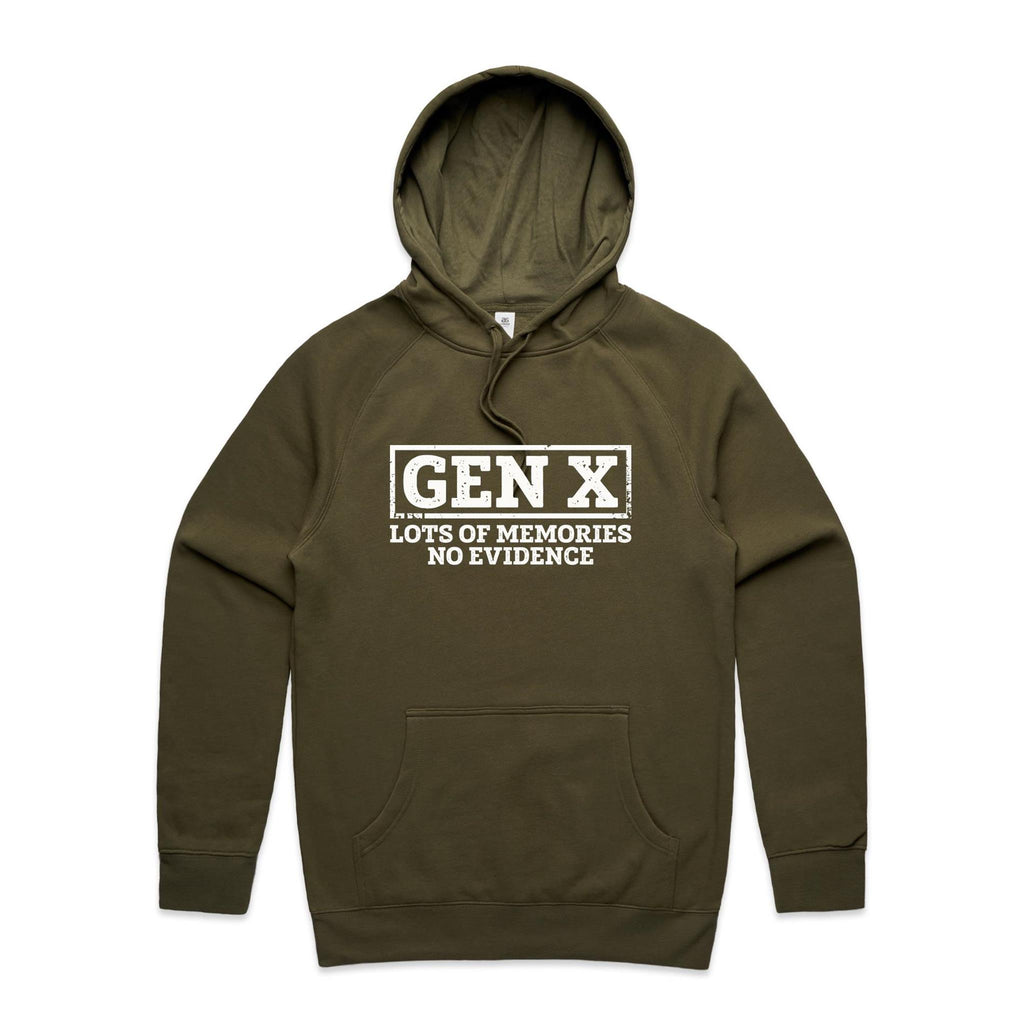 Gen X, Lots Of Memories, No Evidence Men's AS Colour Hoodie Army Mens Hoodie Printed In Australia