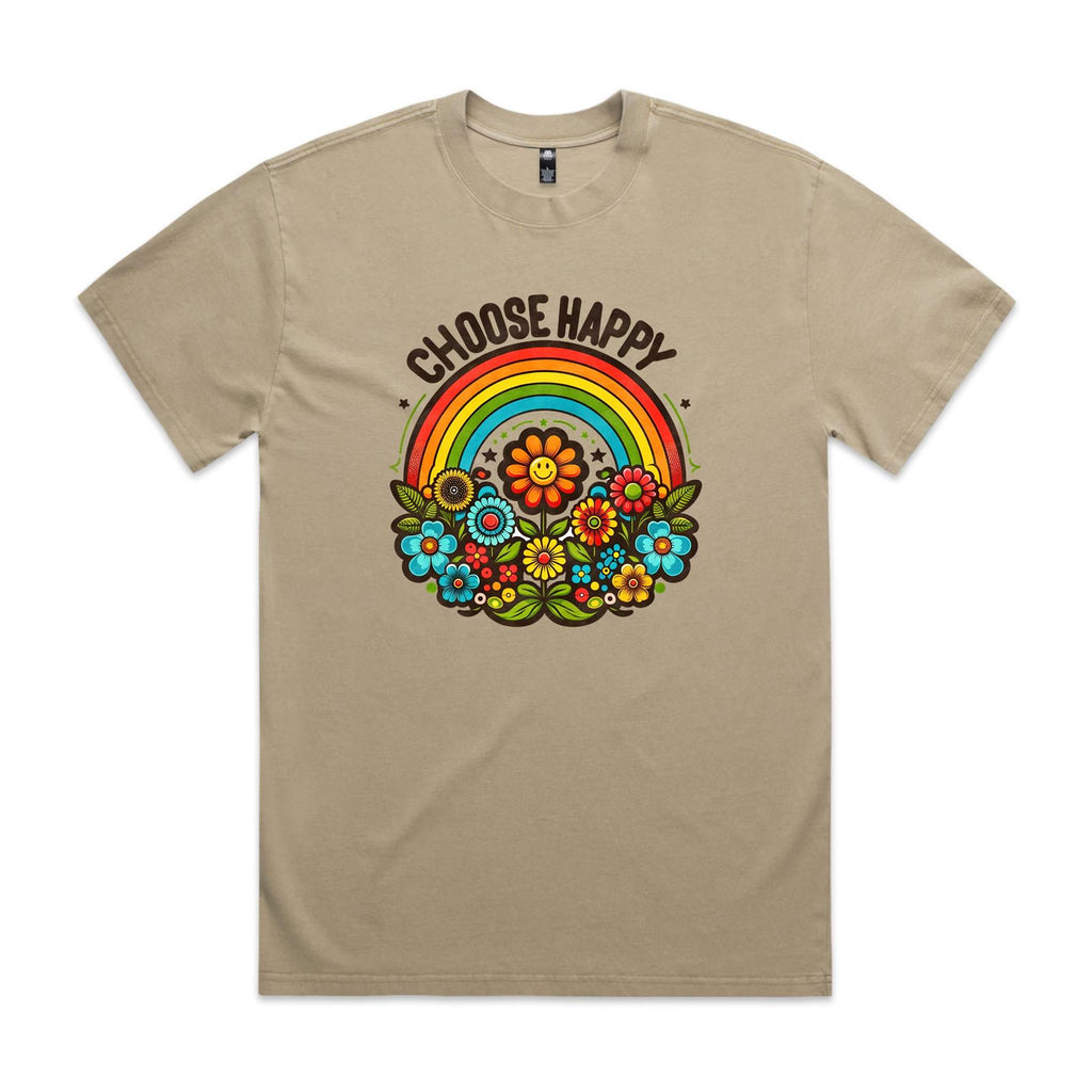 Choose Happy AS Colour Heavy Faded Tee Unisex Faded khaki Heavy Faded T-shirt Positivity Printed In Australia