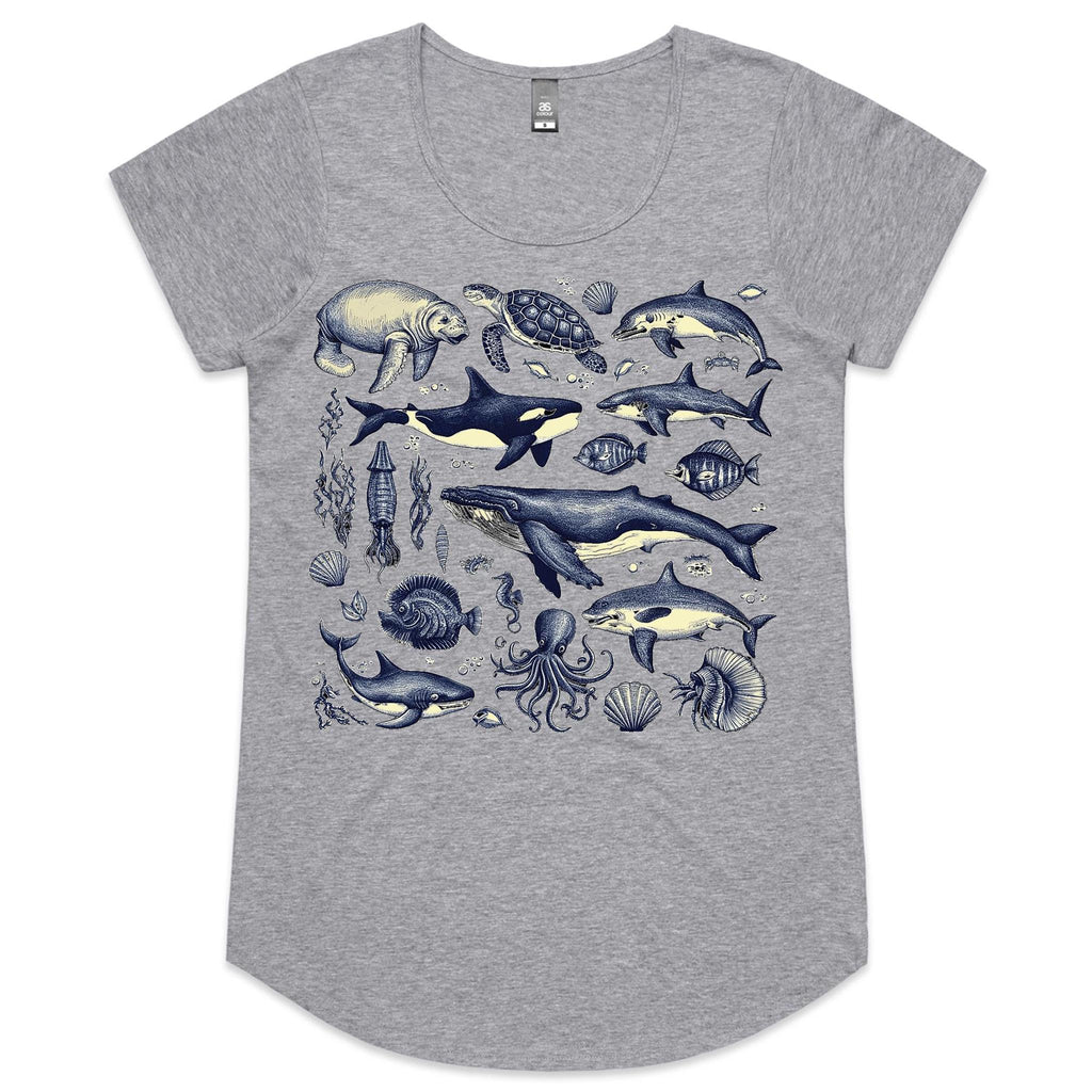 Sea Creatures - Womens Scoop Neck T-Shirt Grey Marle Womens Scoop Neck T-shirt animal Printed In Australia