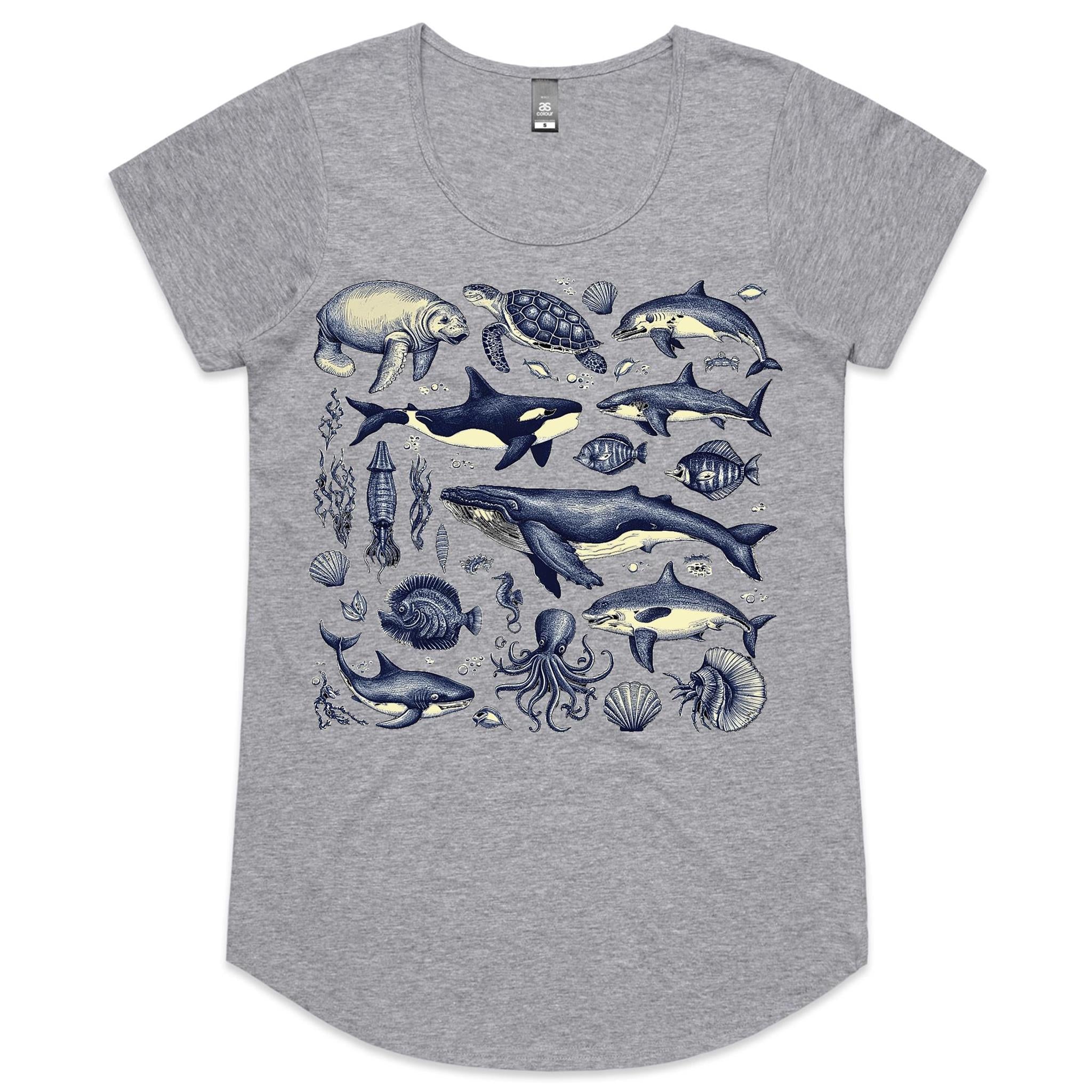 Sea Creatures - Womens Scoop Neck T-Shirt Grey Marle Womens Scoop Neck T-shirt animal Printed In Australia