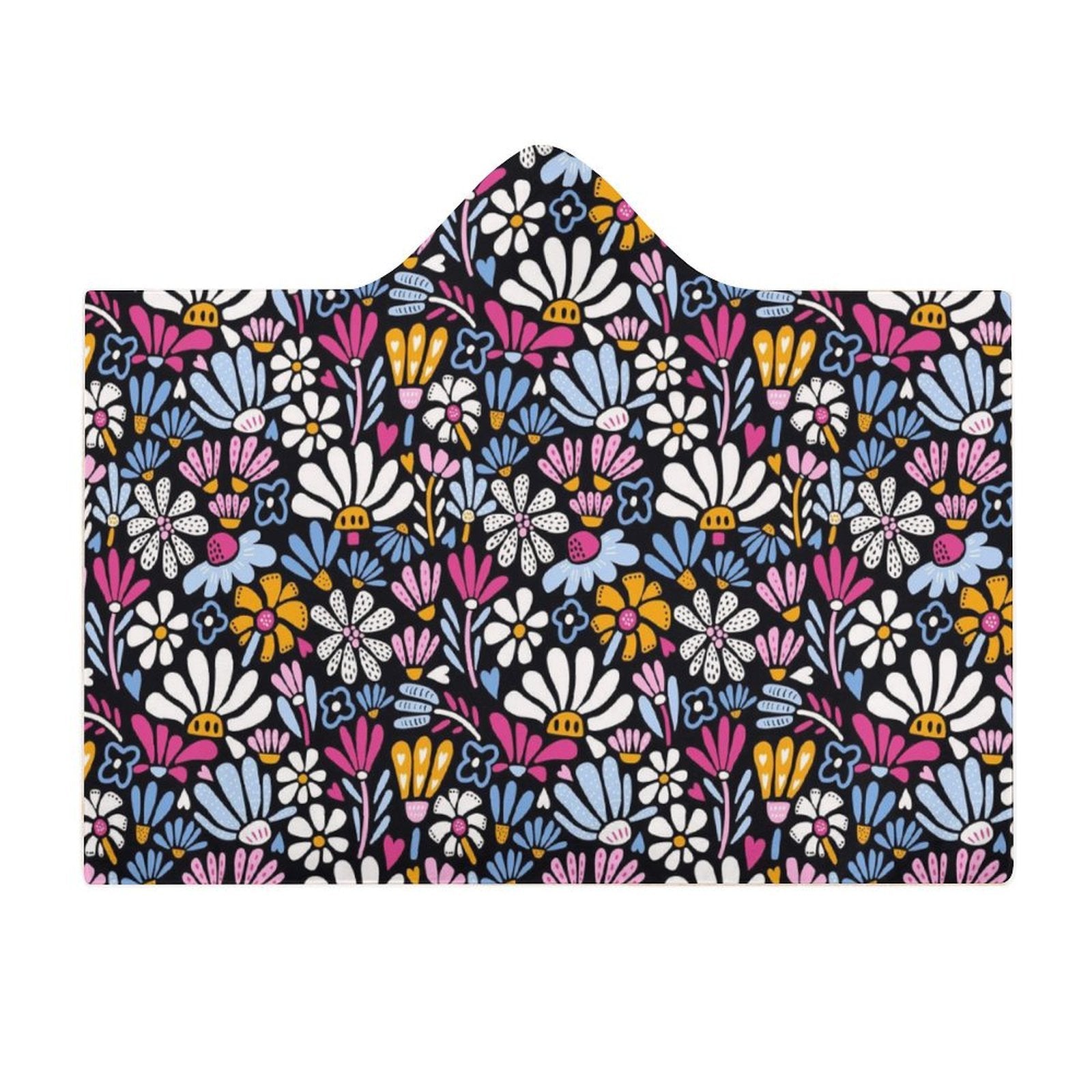 Graphic Flowers On Black Kids Hooded Blanket 100cm x 130cm Kids Hooded Blanket Plants Printed Offshore