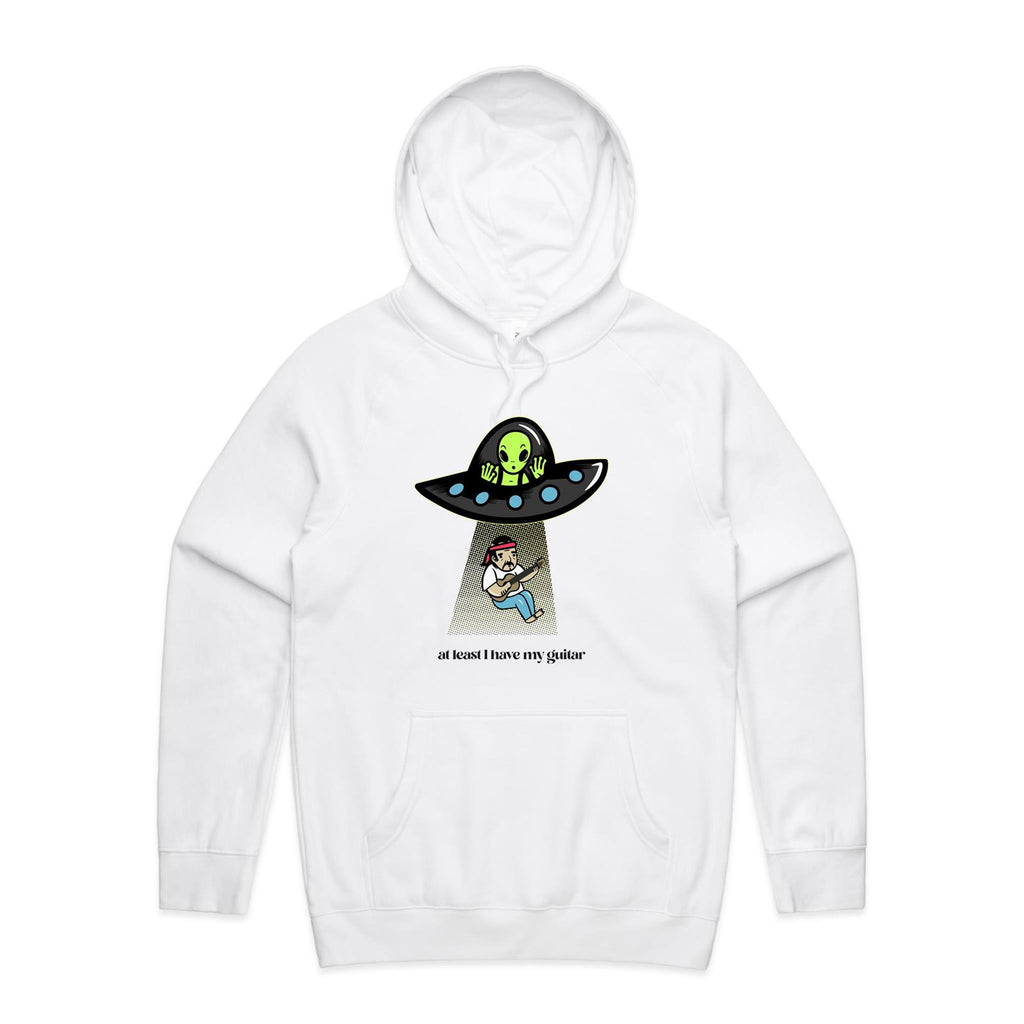 Guitarist Alien Abduction, At Least I Have My Guitar - Mens Hoodie White Mens Hoodie Music Printed In Australia Sci Fi