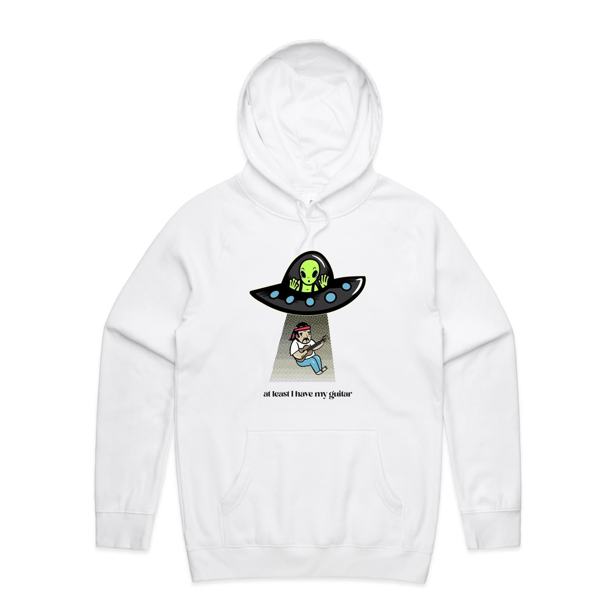 Guitarist Alien Abduction, At Least I Have My Guitar - Mens Hoodie White Mens Hoodie Music Printed In Australia Sci Fi