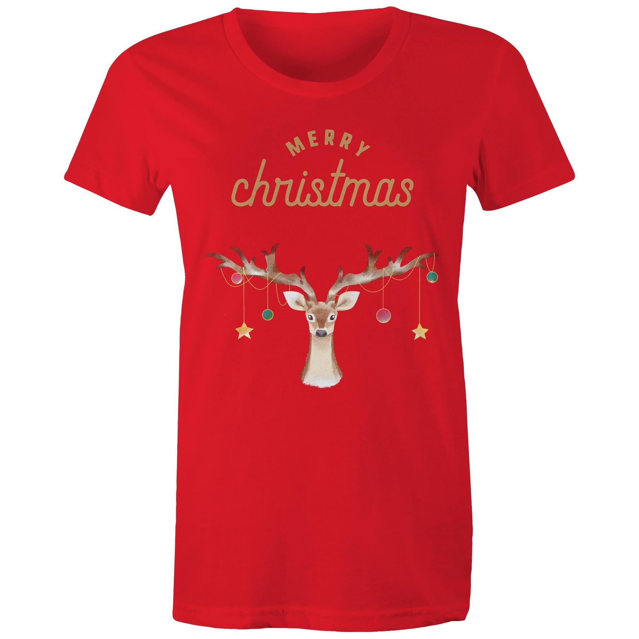 Merry Christmas Reindeer - Womens T-shirt Red Womens Christmas T-shirt Christmas Printed In Australia