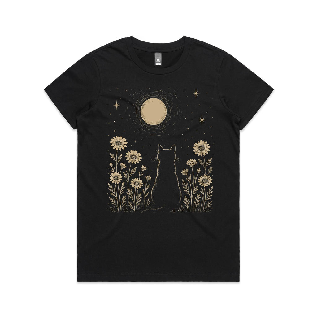 Whimsical Cat And Moon Women's AS Colour T-shirt Black Womens T-shirt animal Printed In Australia