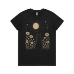 Whimsical Cat And Moon Women's AS Colour T-shirt Black Womens T-shirt animal Printed In Australia